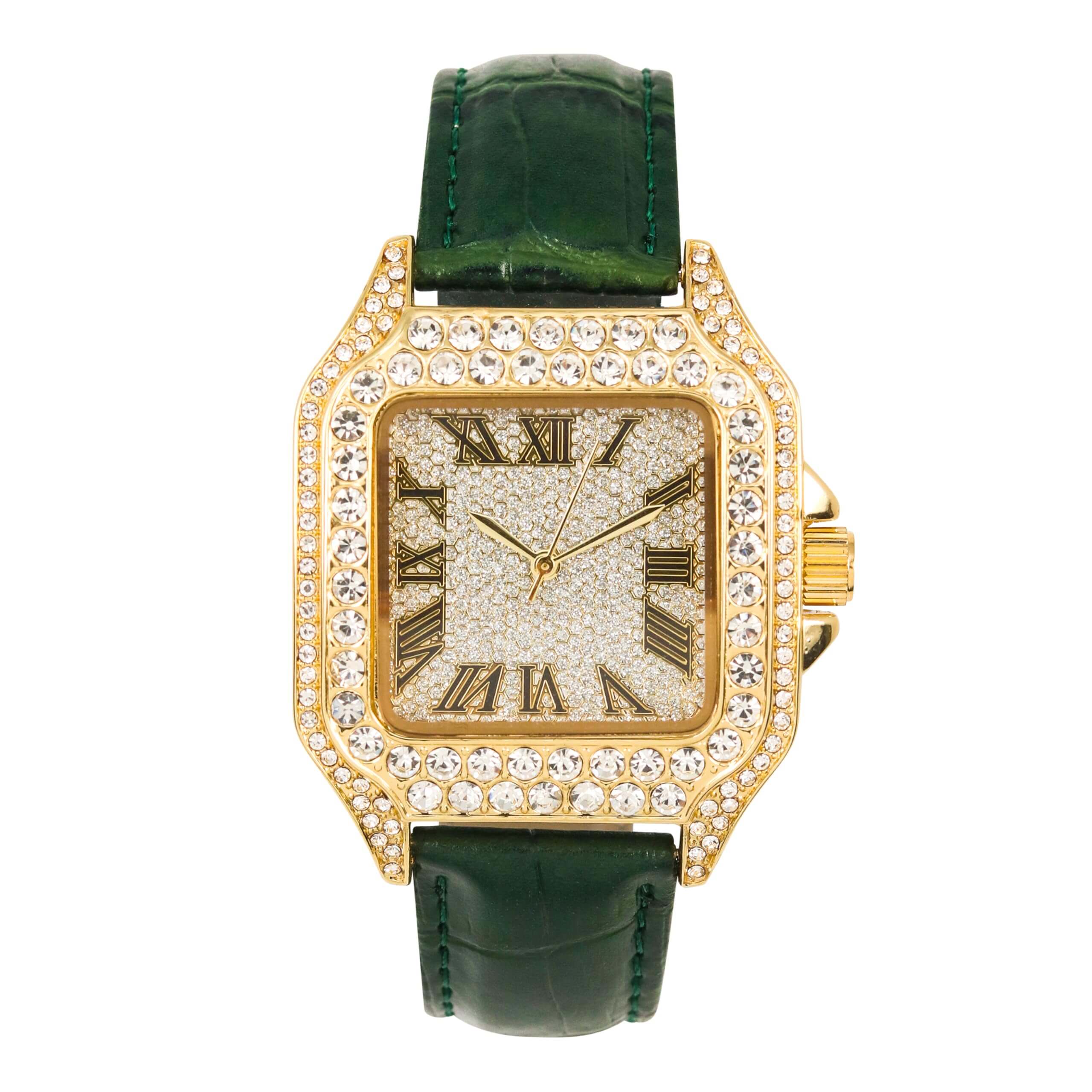 Men's 32mm Fully Iced Out Square Dial - Multi-coloured Leather Band Watch