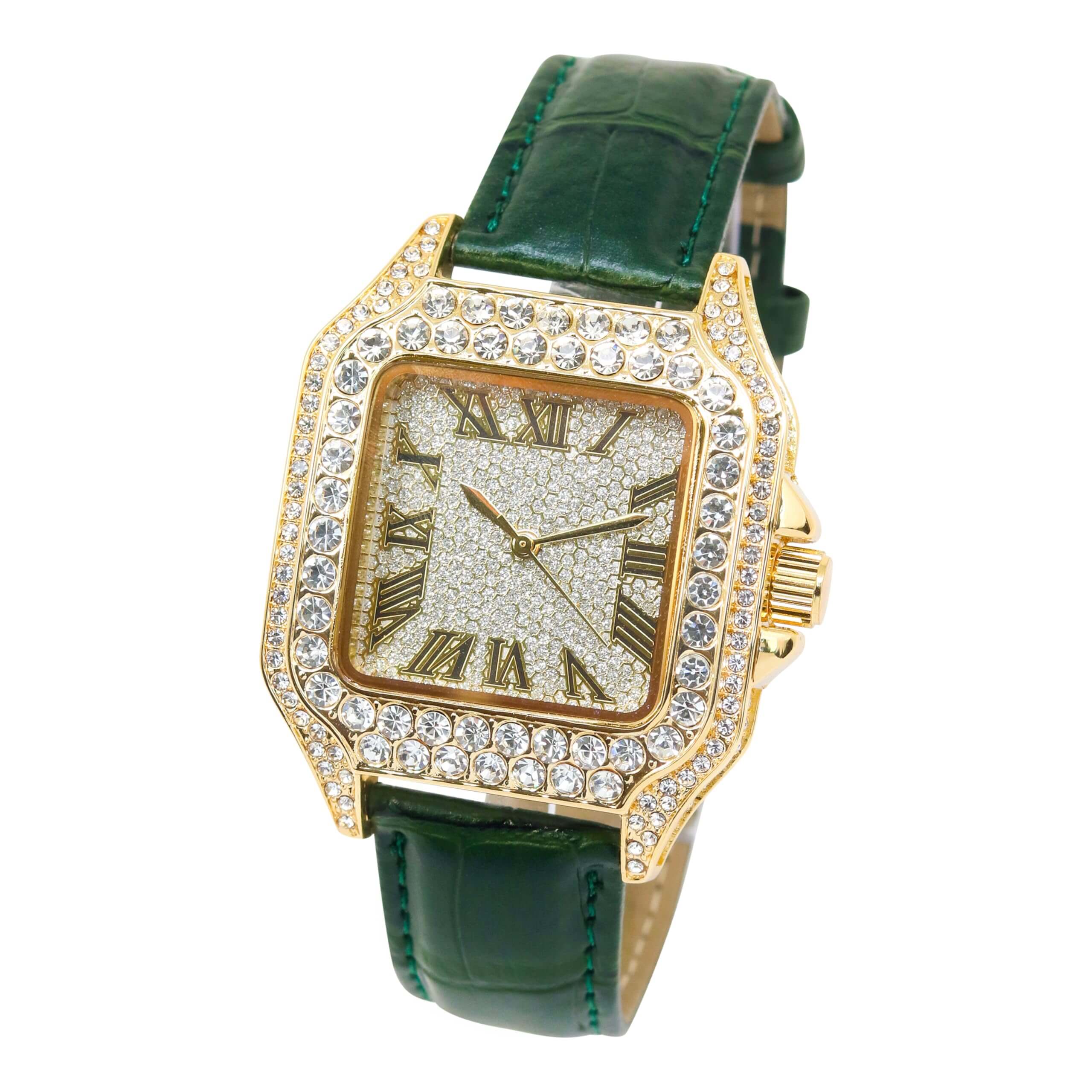 Men's 32mm Fully Iced Out Square Dial - Multi-coloured Leather Band Watch