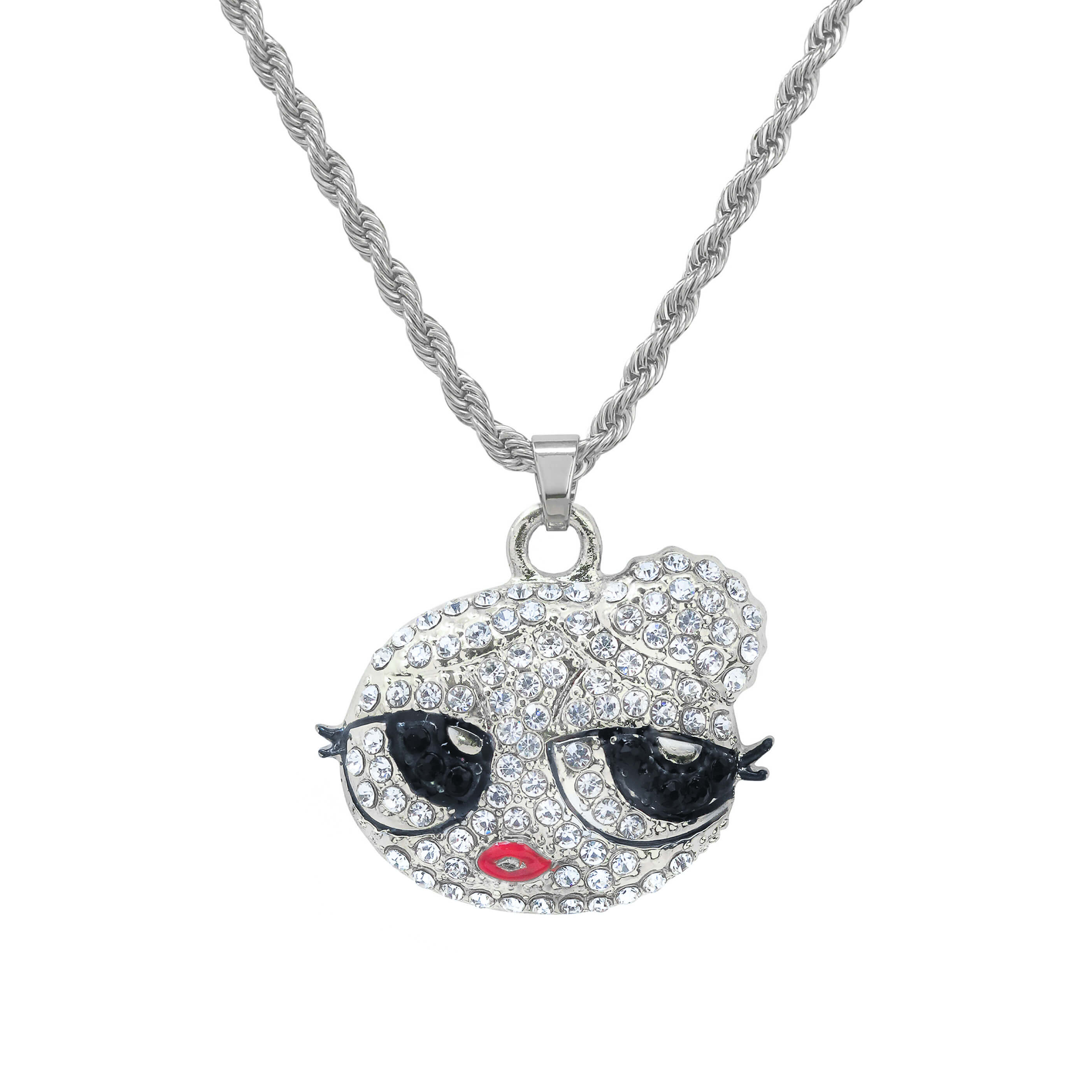Mini Iced Out Hair Bun Doll Pendant in silver tone with full crystal face and rope chain.