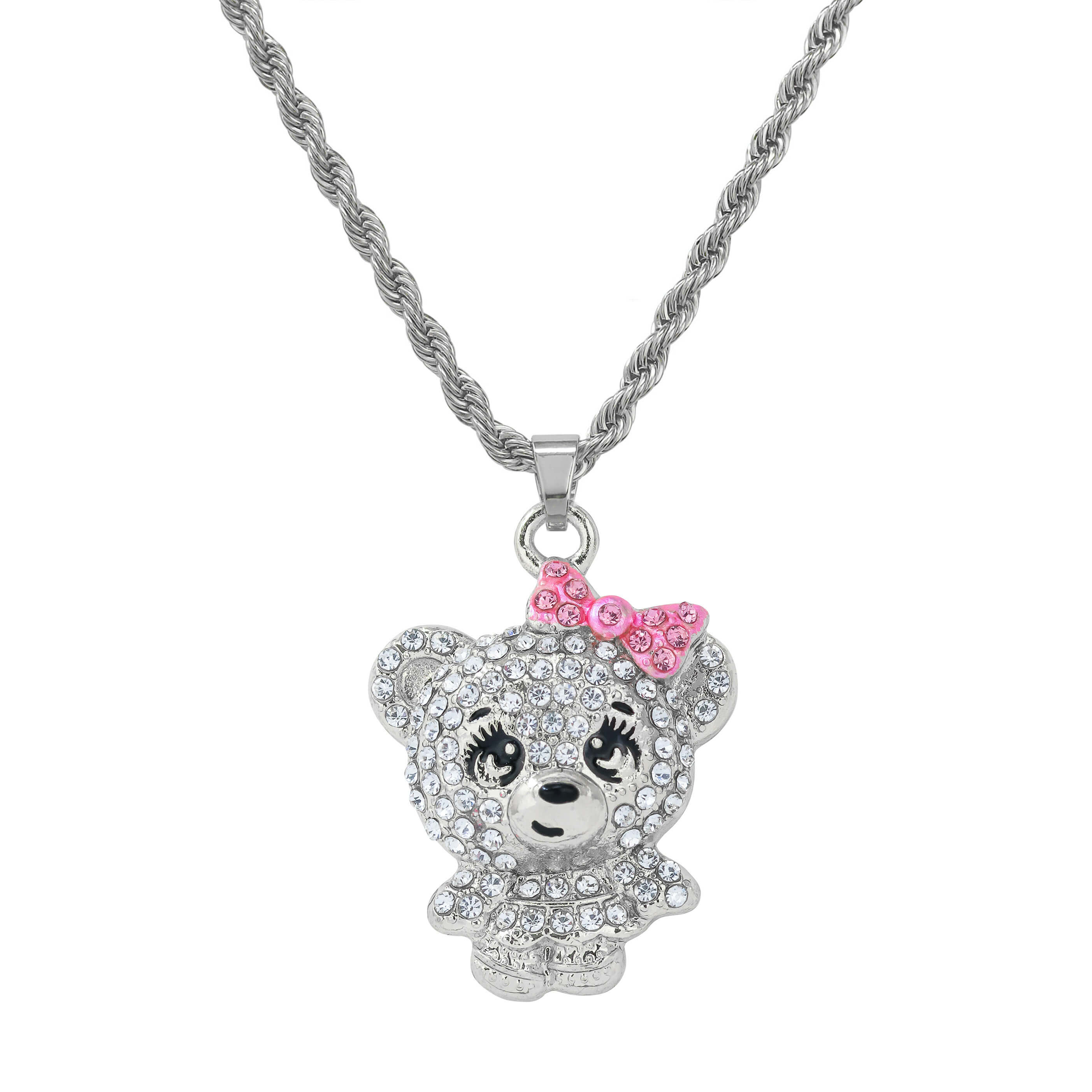 Silver Mini Iced Out Cute Bear Doll Pendant with pink bow, rhinestone face, and rope chain.
