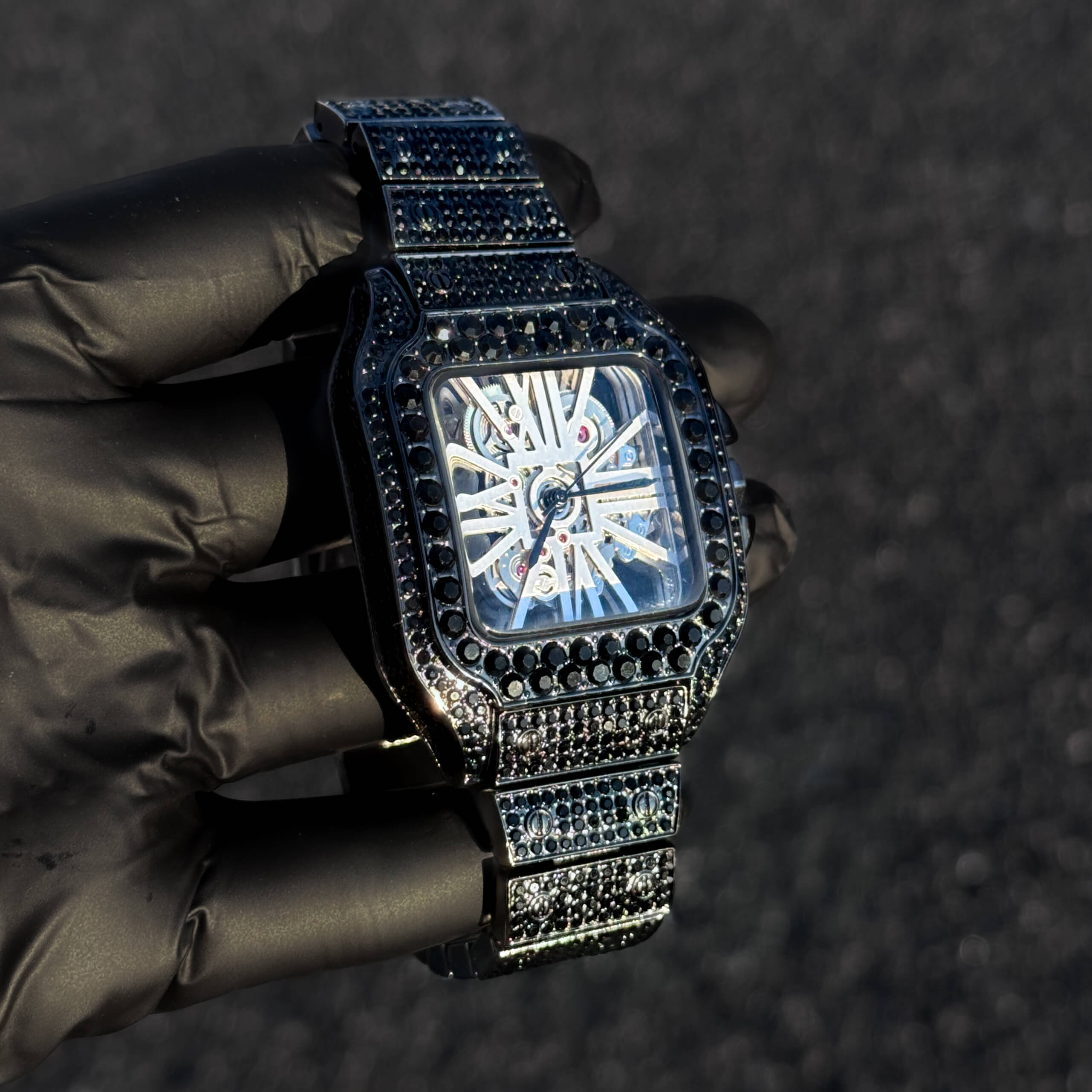 Men's Fully Iced Out Diamond Watch 40mm - Skeleton Dial - Square Timepiece, Quartz Movement - Gun Finish