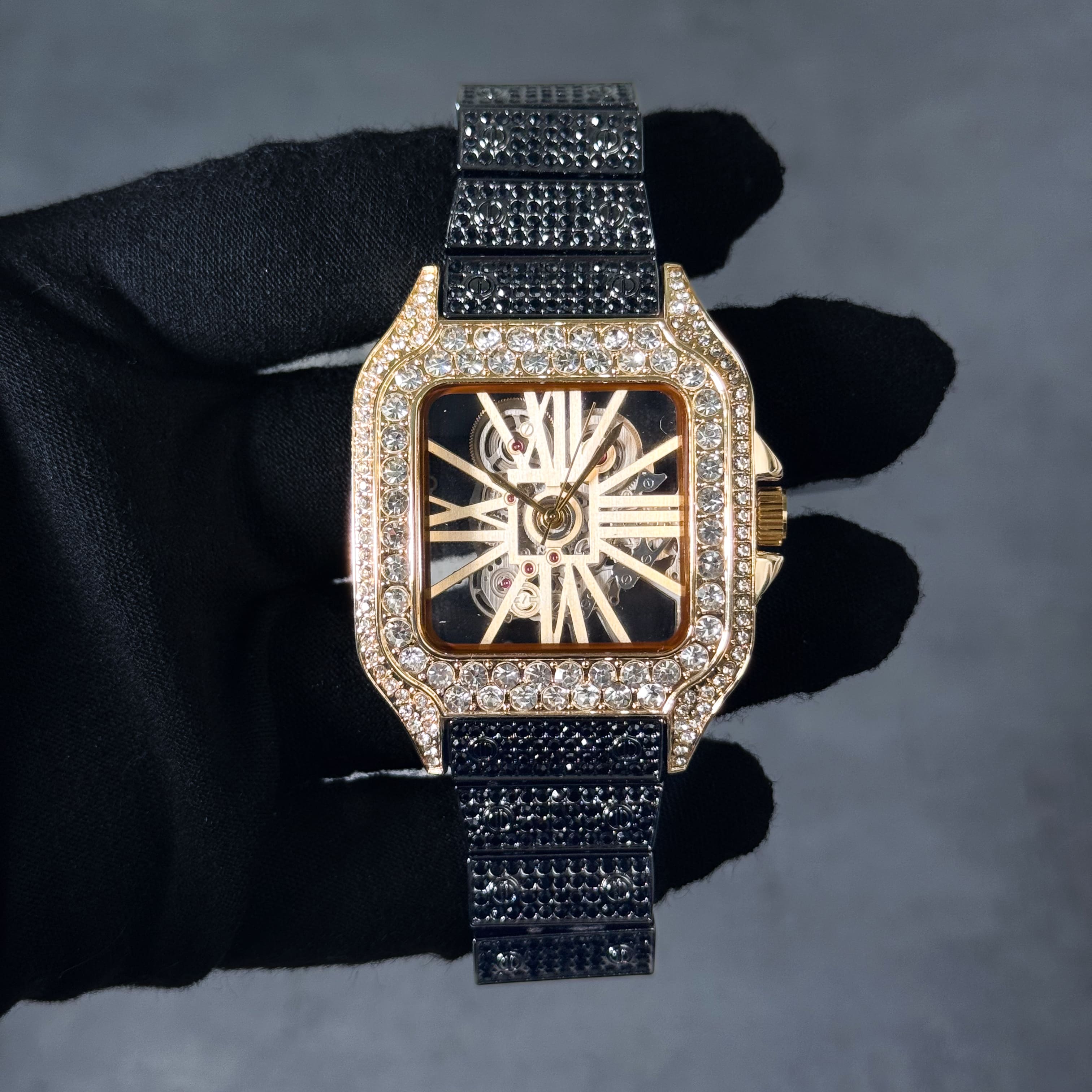 Men's 40mm Fully Iced Out Diamond Watch - Skeleton Dial