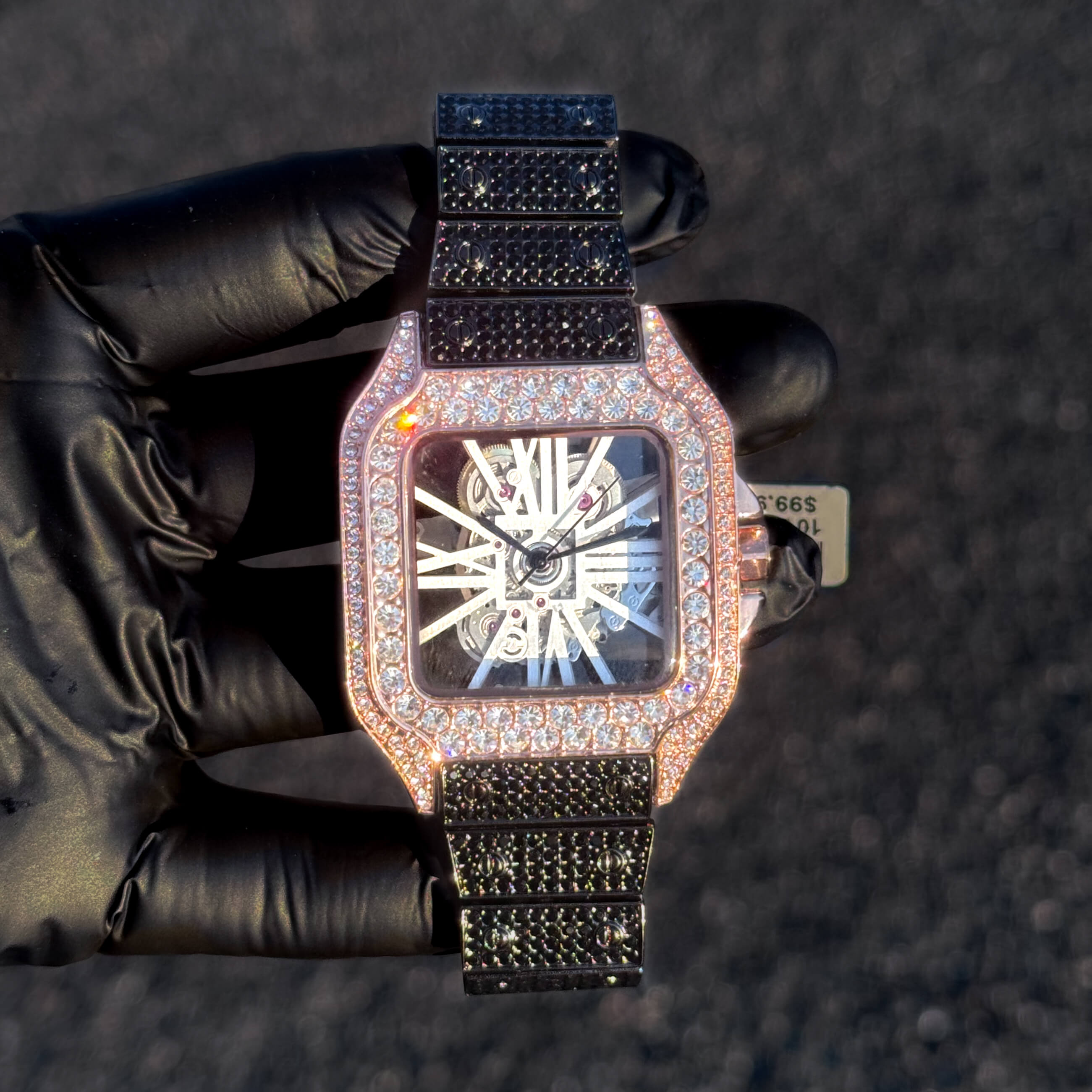 Men's Fully Iced Out Diamond Watch 40mm - Skeleton Dial - Square Timepiece, Quartz Movement - Gun Finish