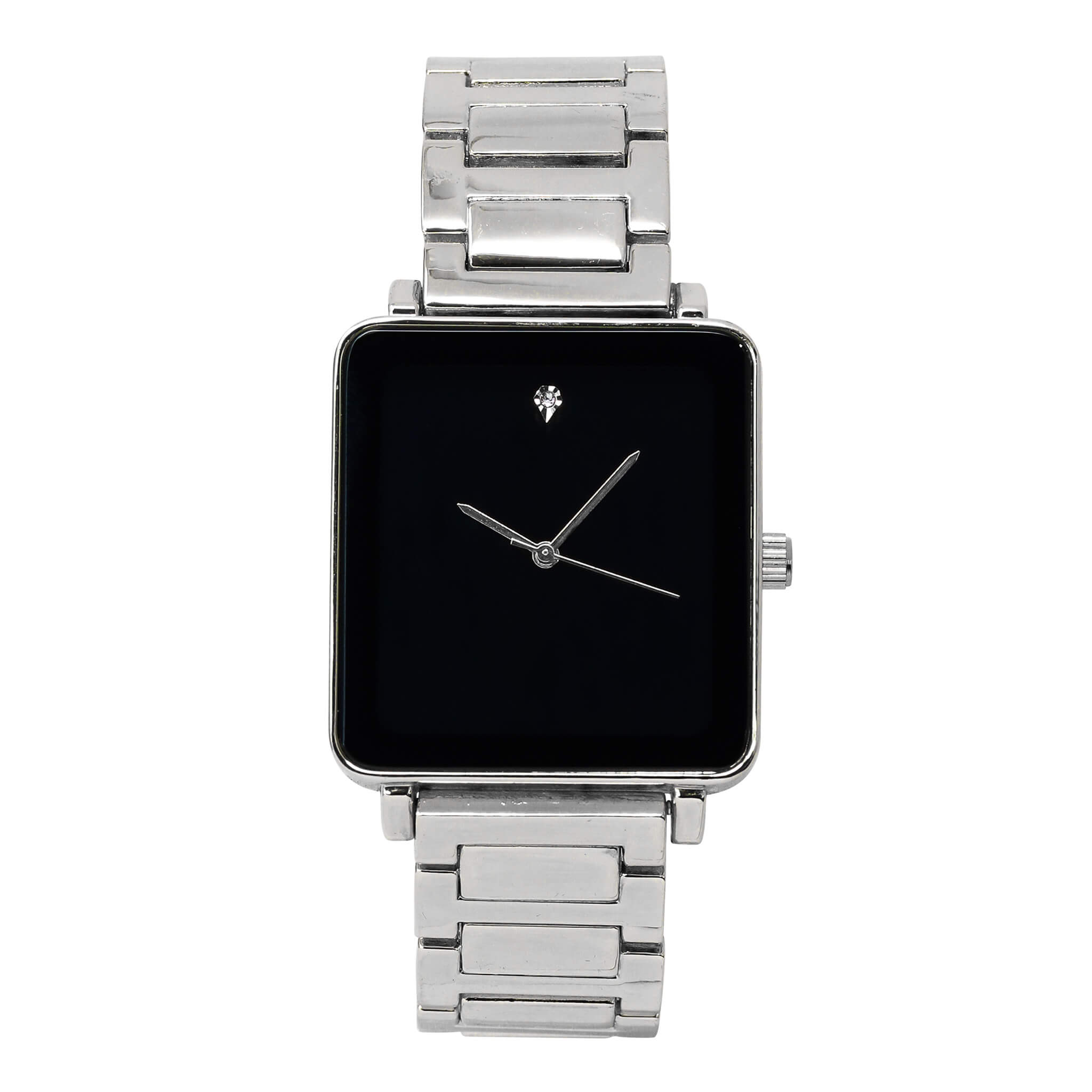 Men’s 33mm Square Dial Watch with black minimalist dial and silver stainless-steel bracelet