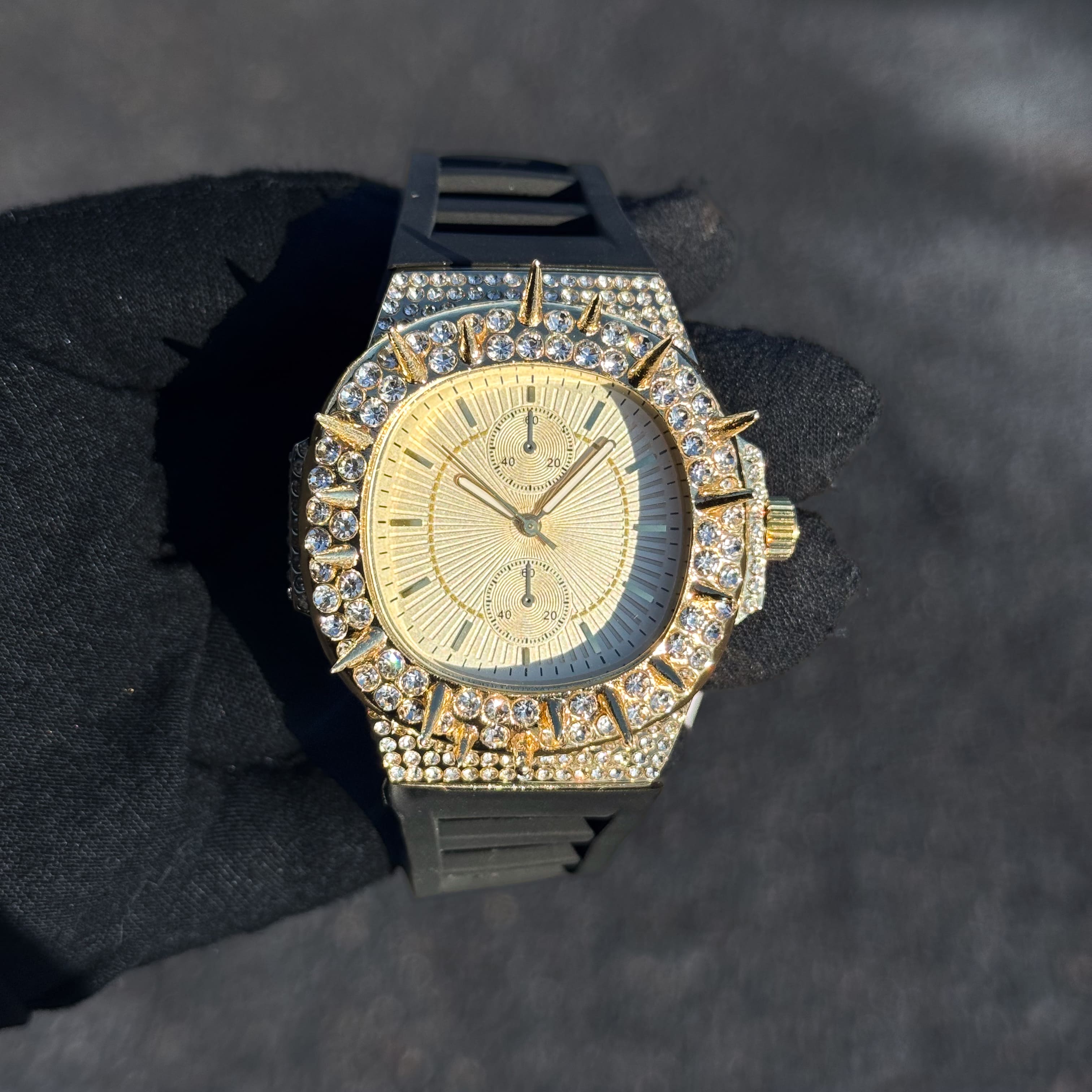 Men's 42mm Iced Out Spike Watch - Silicone Band, Quartz Movement