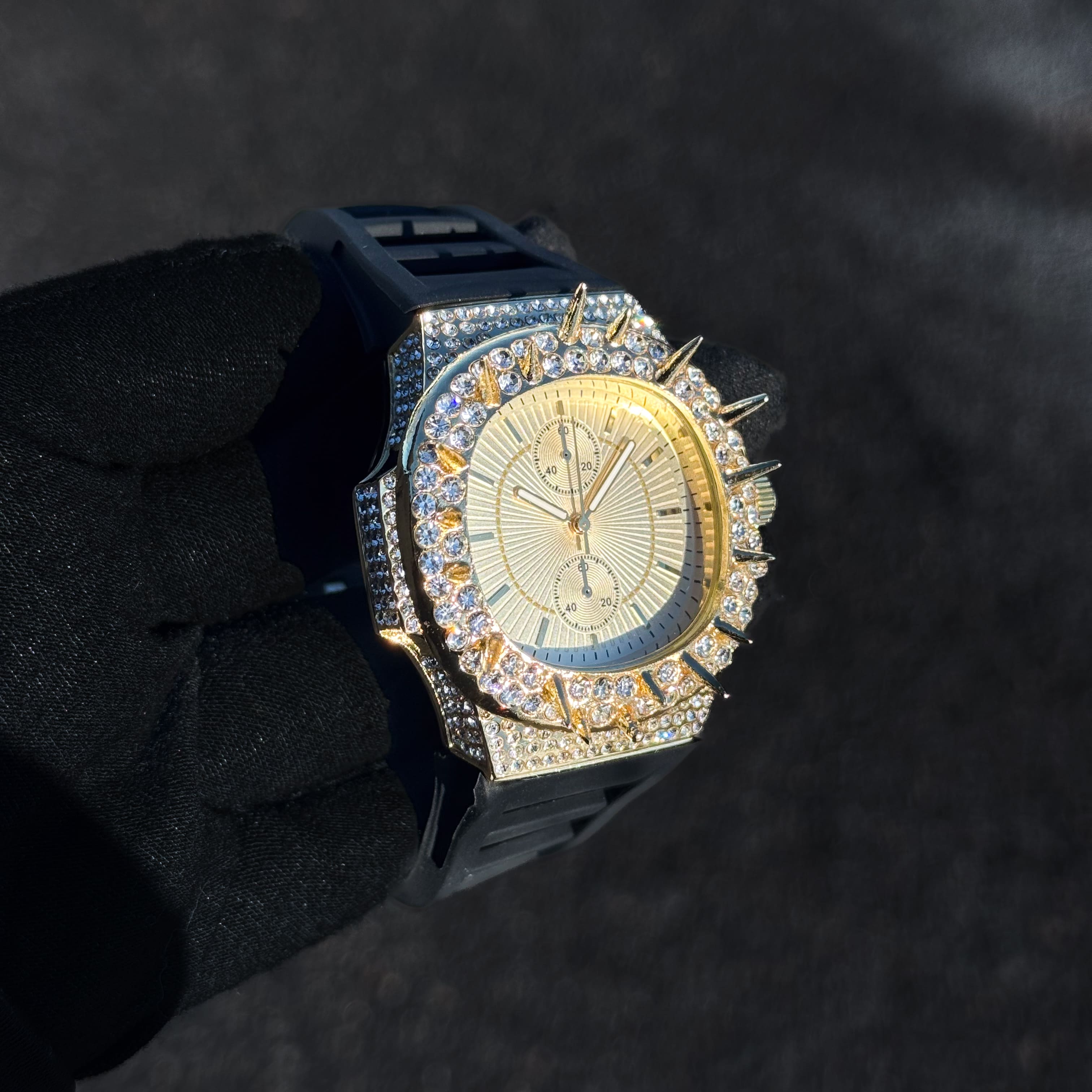 Men's 42mm Iced Out Spike Watch - Silicone Band, Quartz Movement