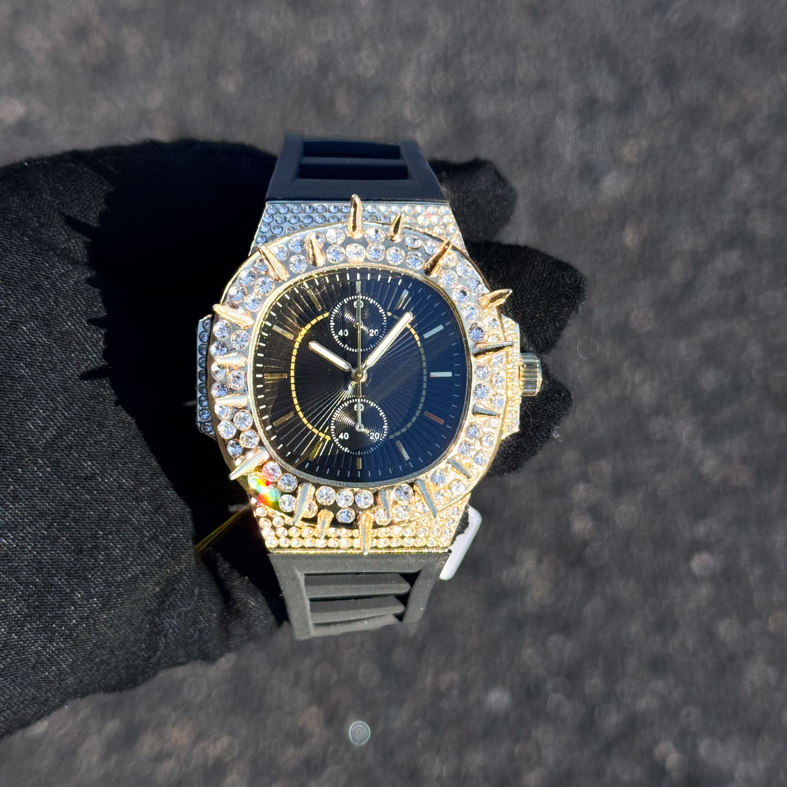 Men's 42mm Iced Out Spike Watch - Silicone Band, Quartz Movement