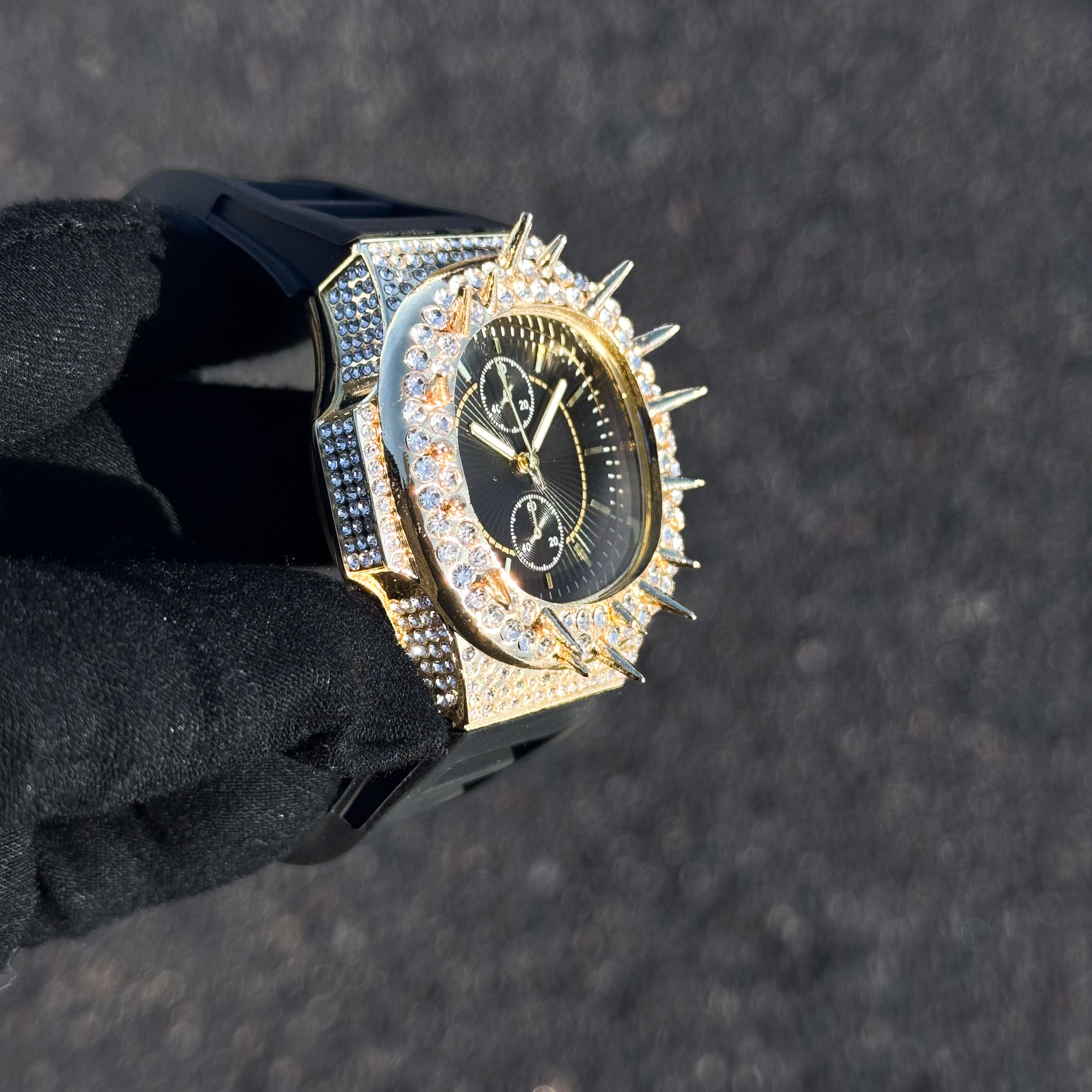 Men's 42mm Iced Out Spike Watch - Silicone Band, Quartz Movement