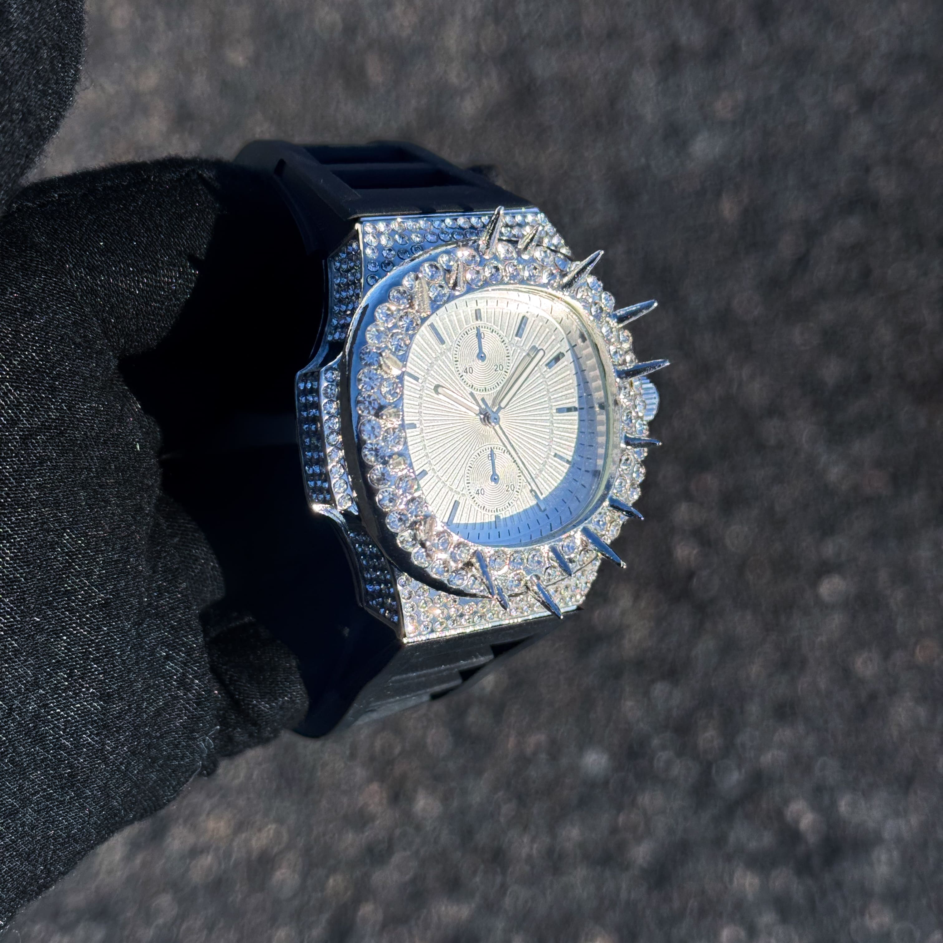 Men's 42mm Iced Out Spike Watch - Silicone Band, Quartz Movement