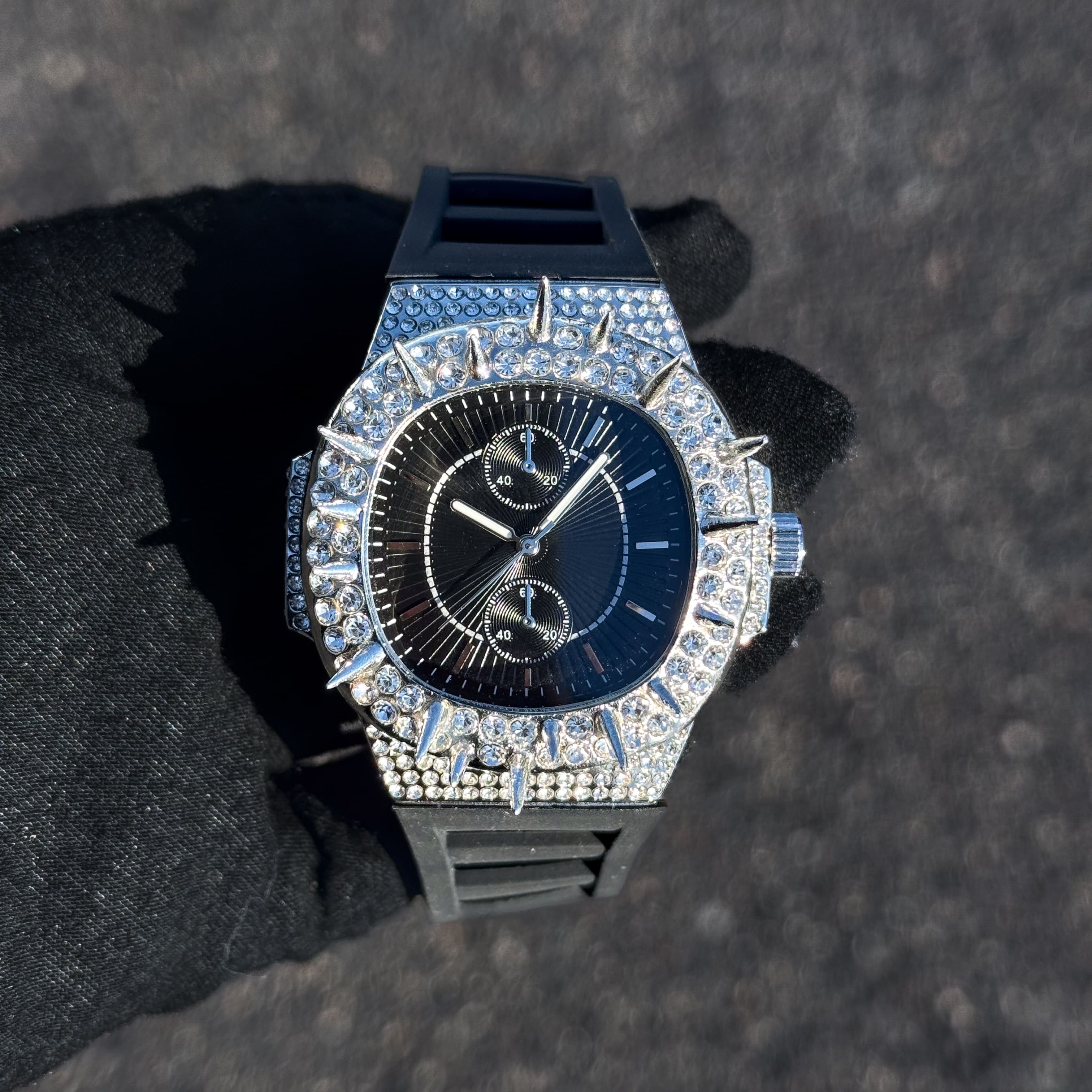 Men's 42mm Iced Out Spike Watch - Silicone Band, Quartz Movement