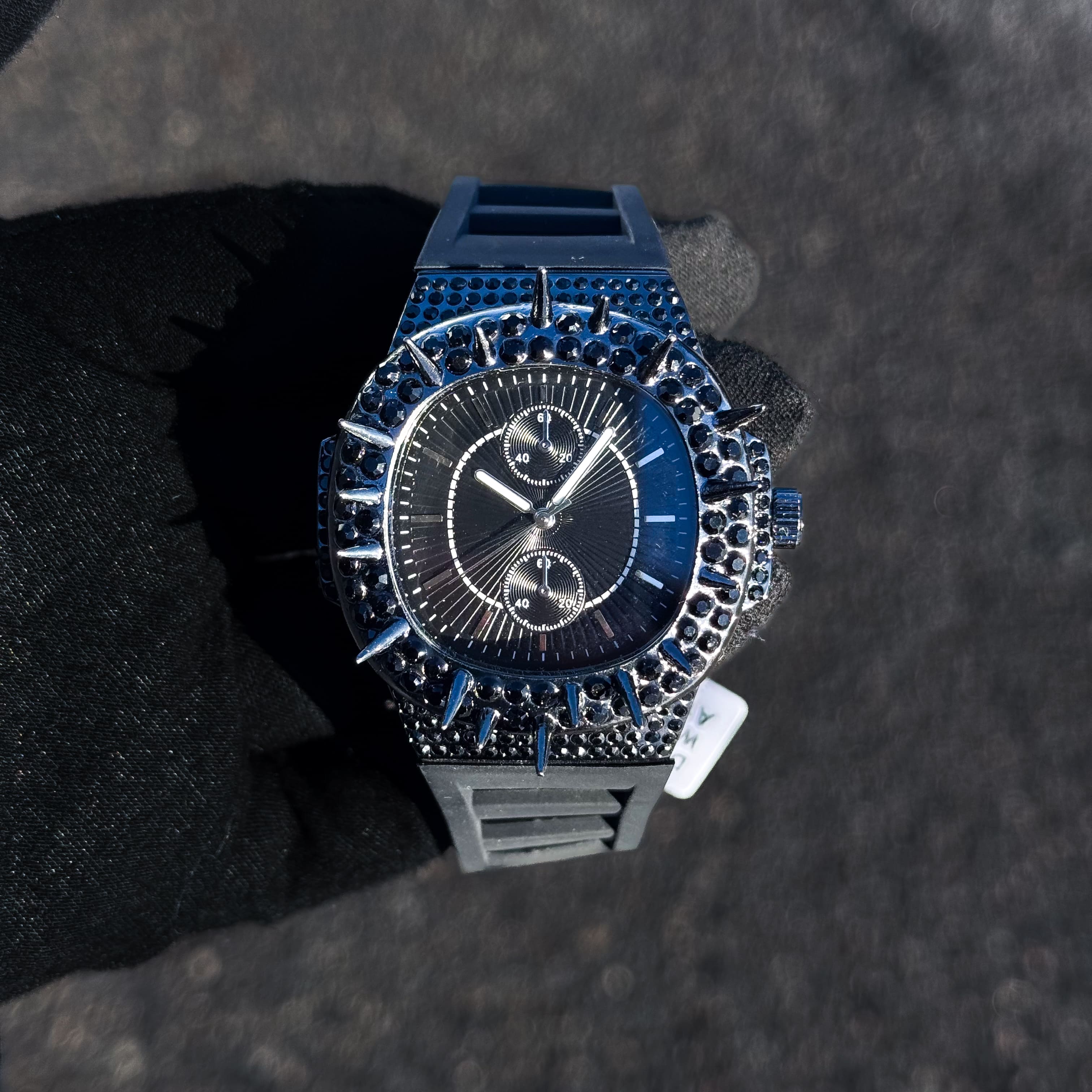 Men's 42mm Iced Out Spike Watch - Silicone Band, Quartz Movement