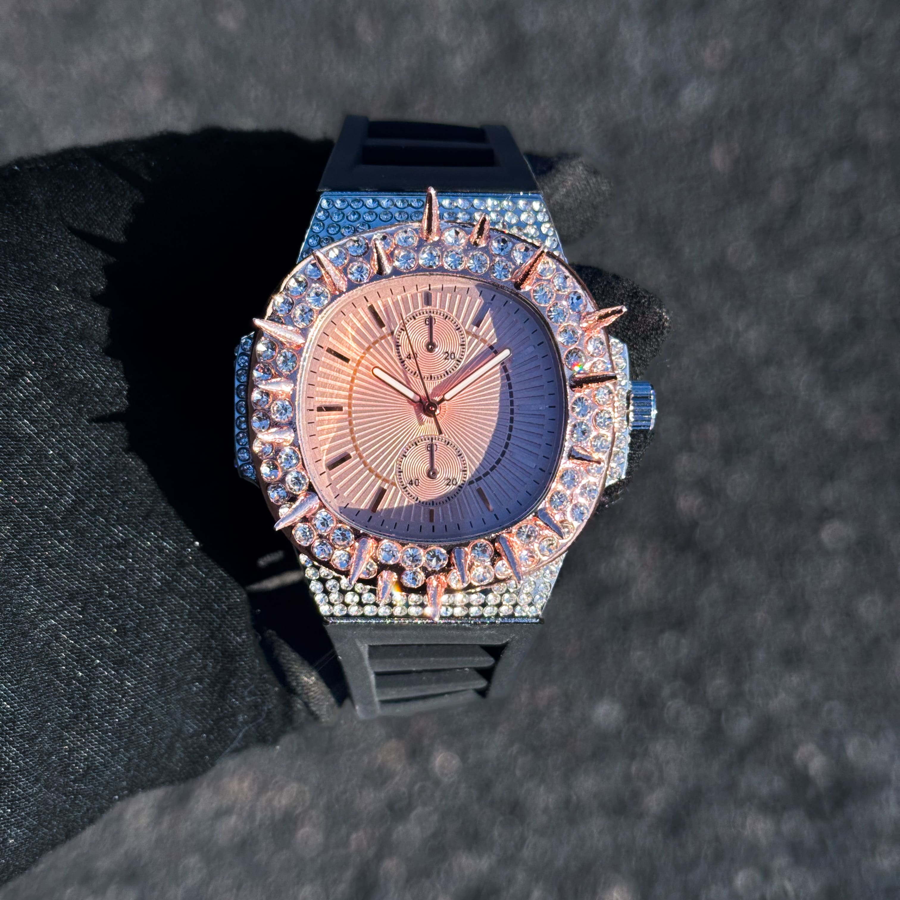 Men's 42mm Iced Out Spike Watch - Silicone Band, Quartz Movement