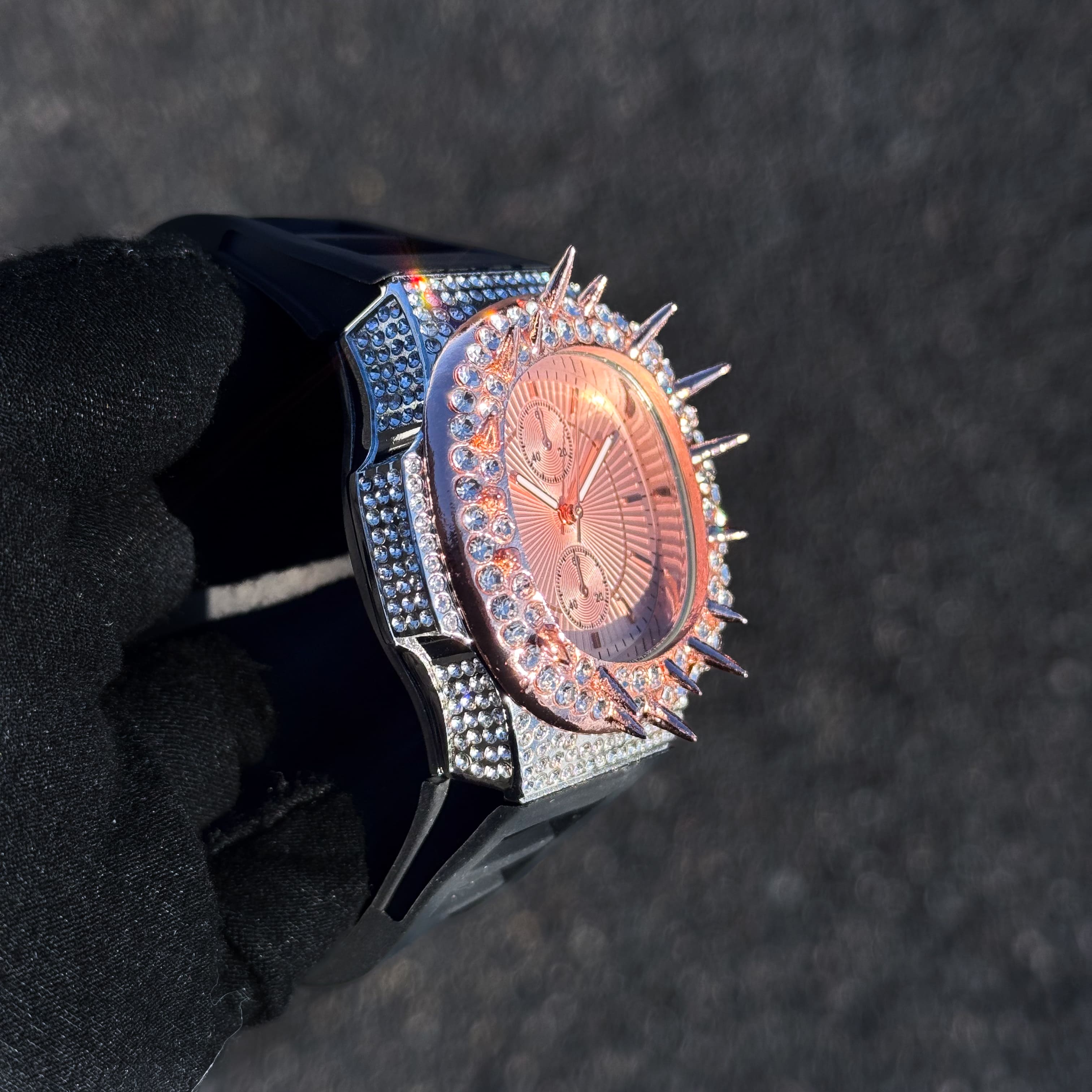 Men's 42mm Iced Out Spike Watch - Silicone Band, Quartz Movement
