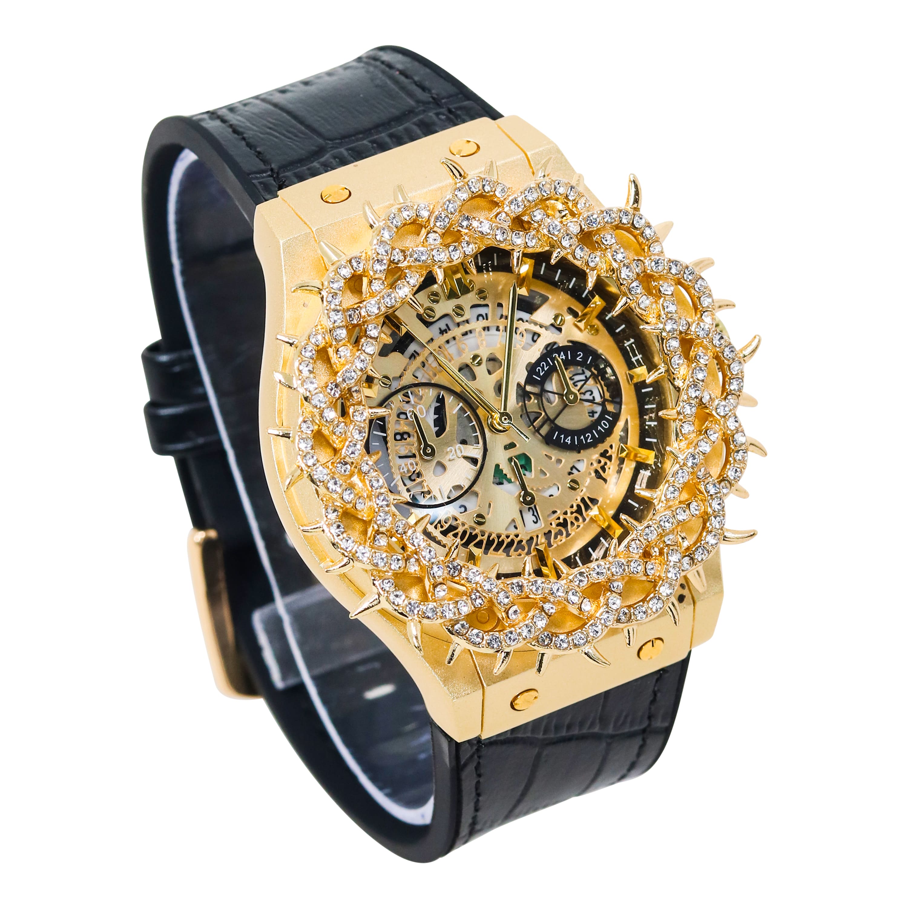 Men's 46mm Iced Out Spike Skeleton Watch - Silicone Band, Quartz Movement