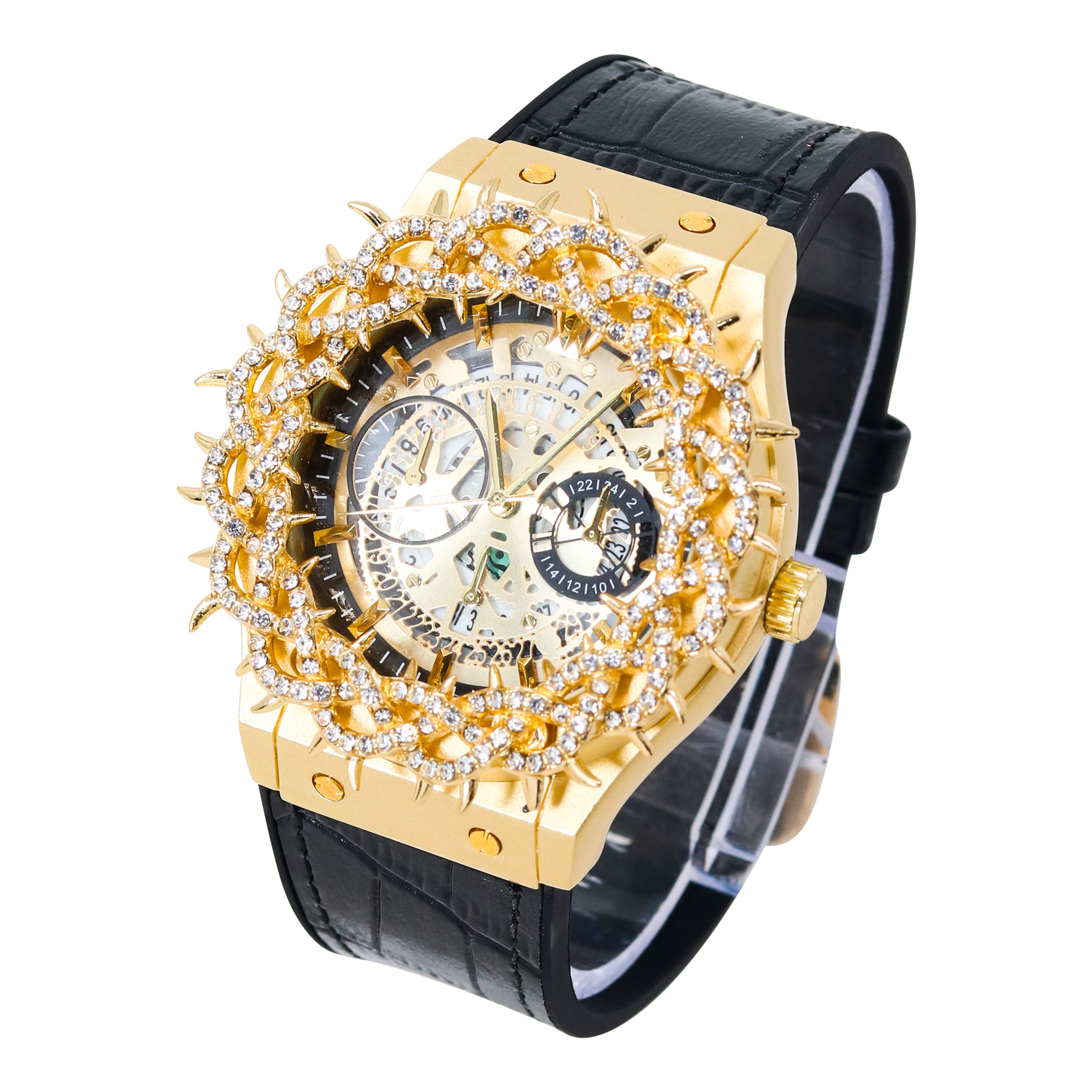 Men's 46mm Iced Out Spike Skeleton Watch - Silicone Band, Quartz Movement