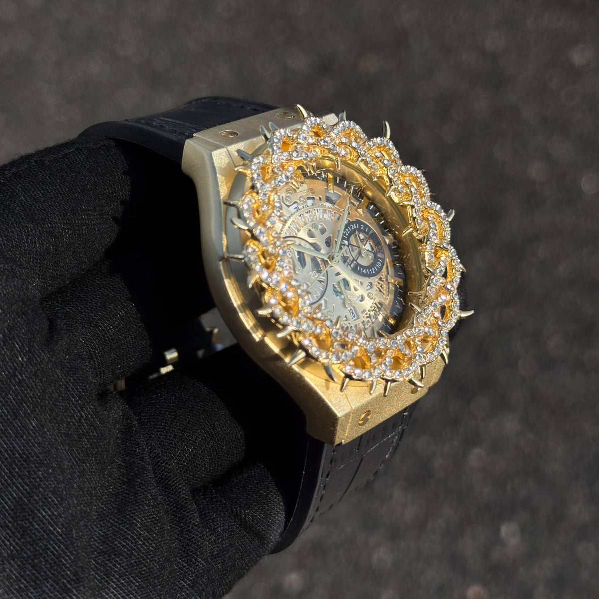 Men's 46mm Iced Out Spike Skeleton Watch - Silicone Band, Quartz Movement