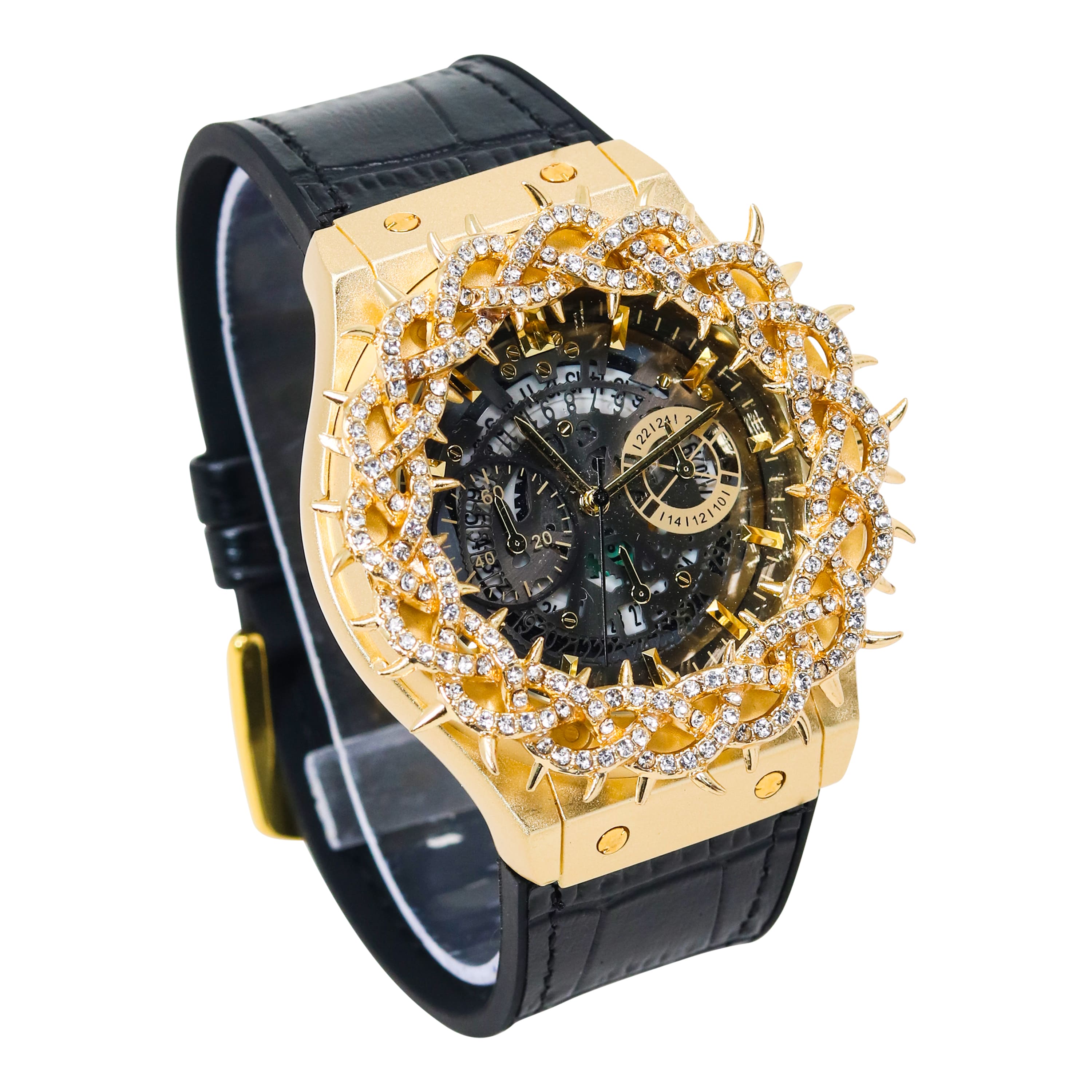 Men's 46mm Iced Out Spike Skeleton Watch - Silicone Band, Quartz Movement