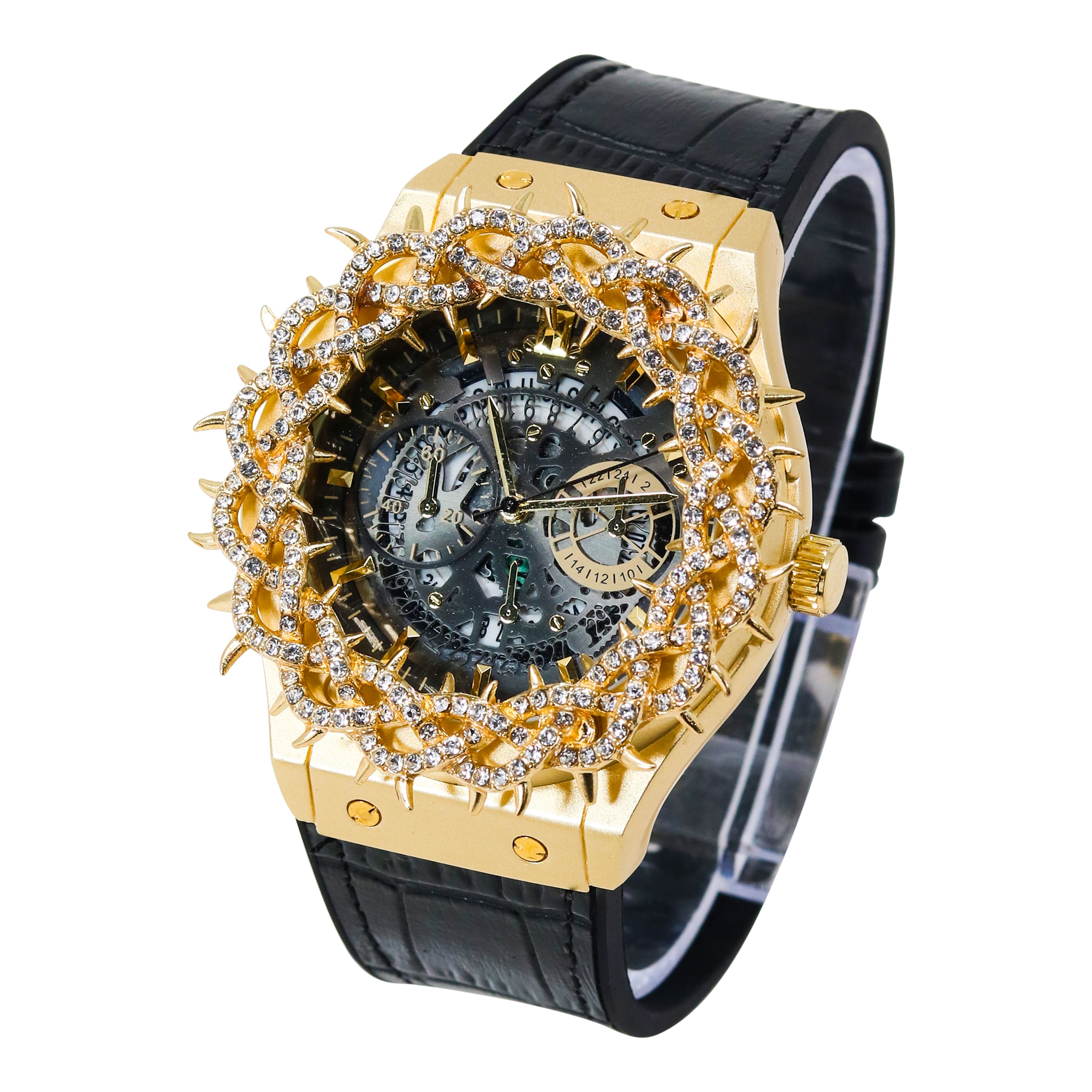 Men's 46mm Iced Out Spike Skeleton Watch - Silicone Band, Quartz Movement