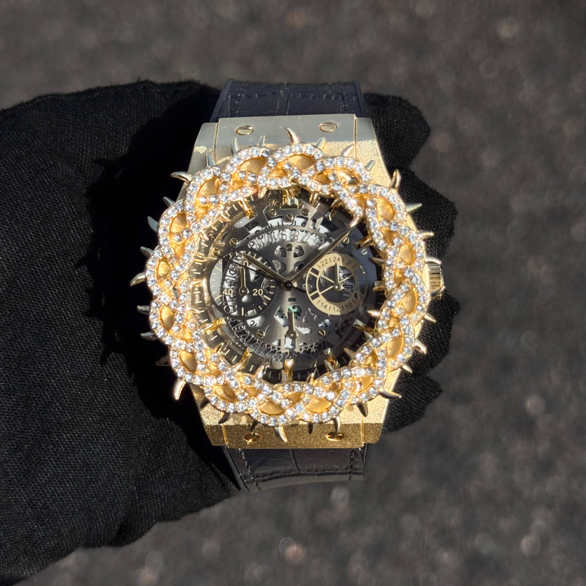 Men's 46mm Iced Out Spike Skeleton Watch - Silicone Band, Quartz Movement