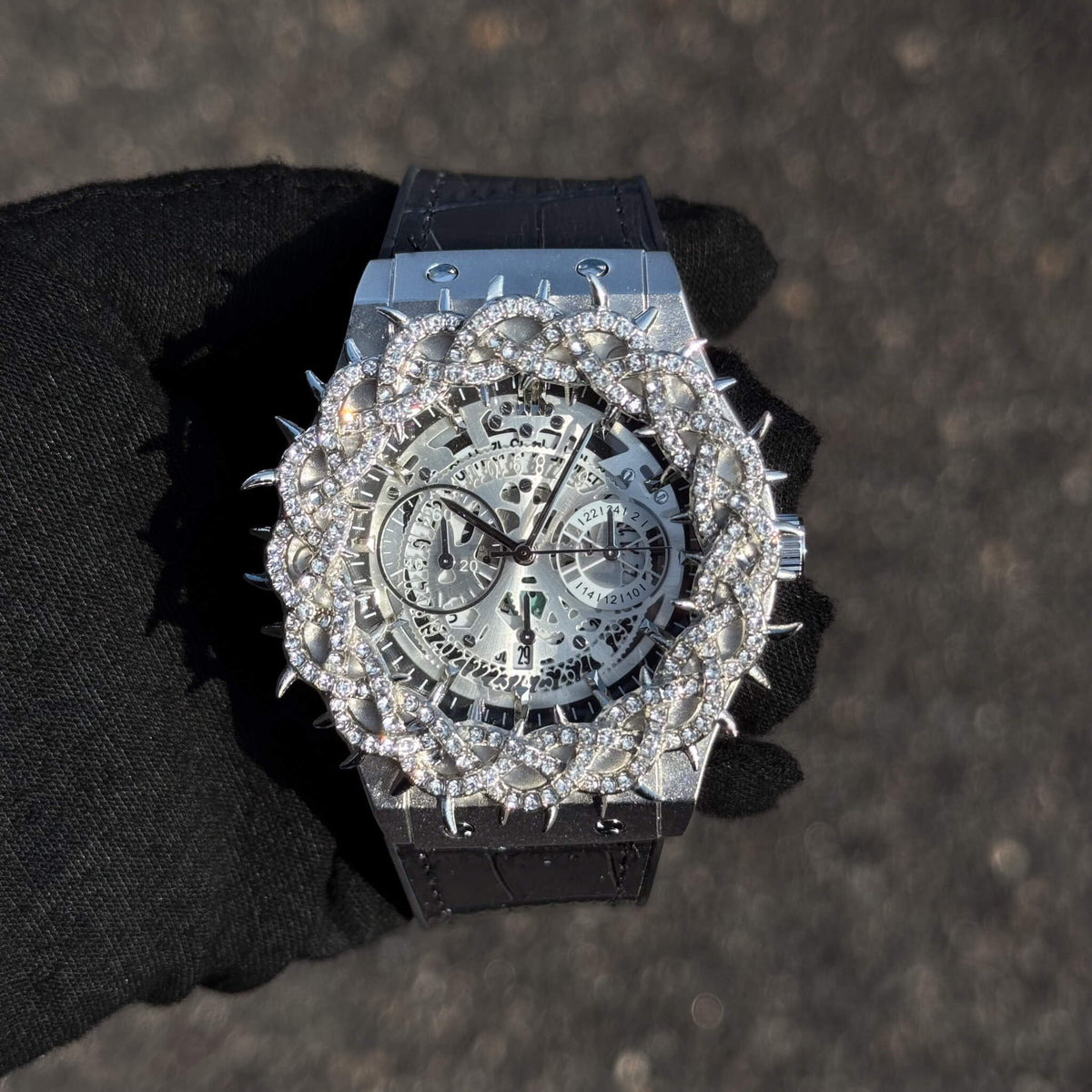 Men's 46mm Iced Out Spike Skeleton Watch - Silicone Band, Quartz Movement