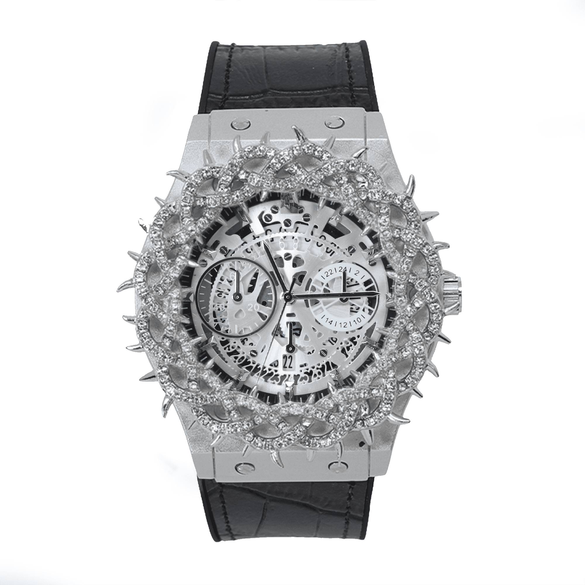 Men's 46mm Iced Out Spike Skeleton Watch - Silicone Band, Quartz Movement