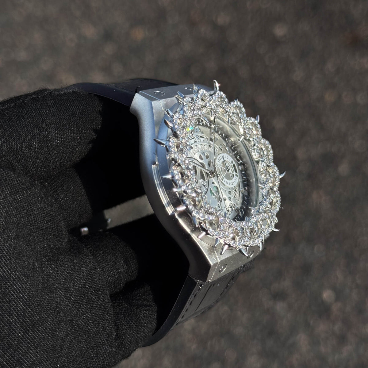 Men's 46mm Iced Out Spike Skeleton Watch - Silicone Band, Quartz Movement