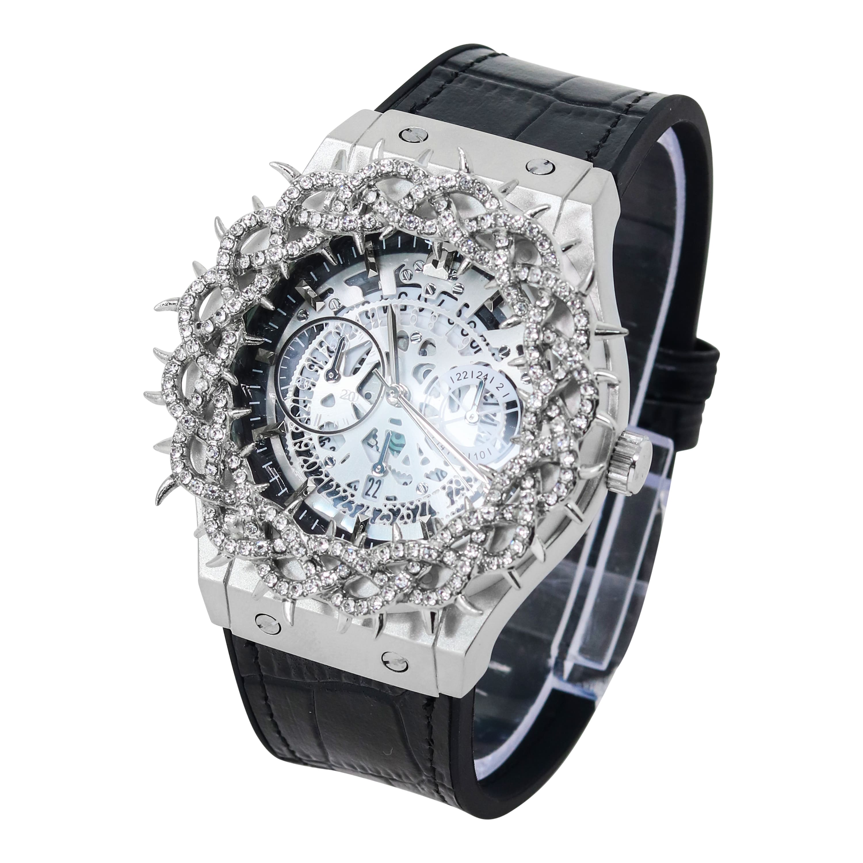 Men's 46mm Iced Out Spike Skeleton Watch - Silicone Band, Quartz Movement