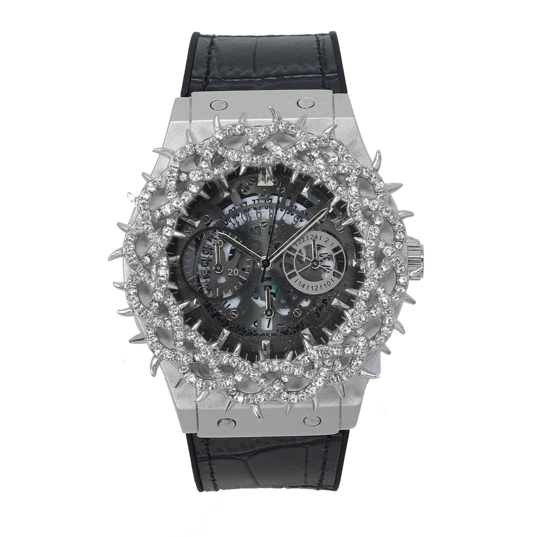 Men's 46mm Iced Out Spike Skeleton Watch - Silicone Band, Quartz Movement