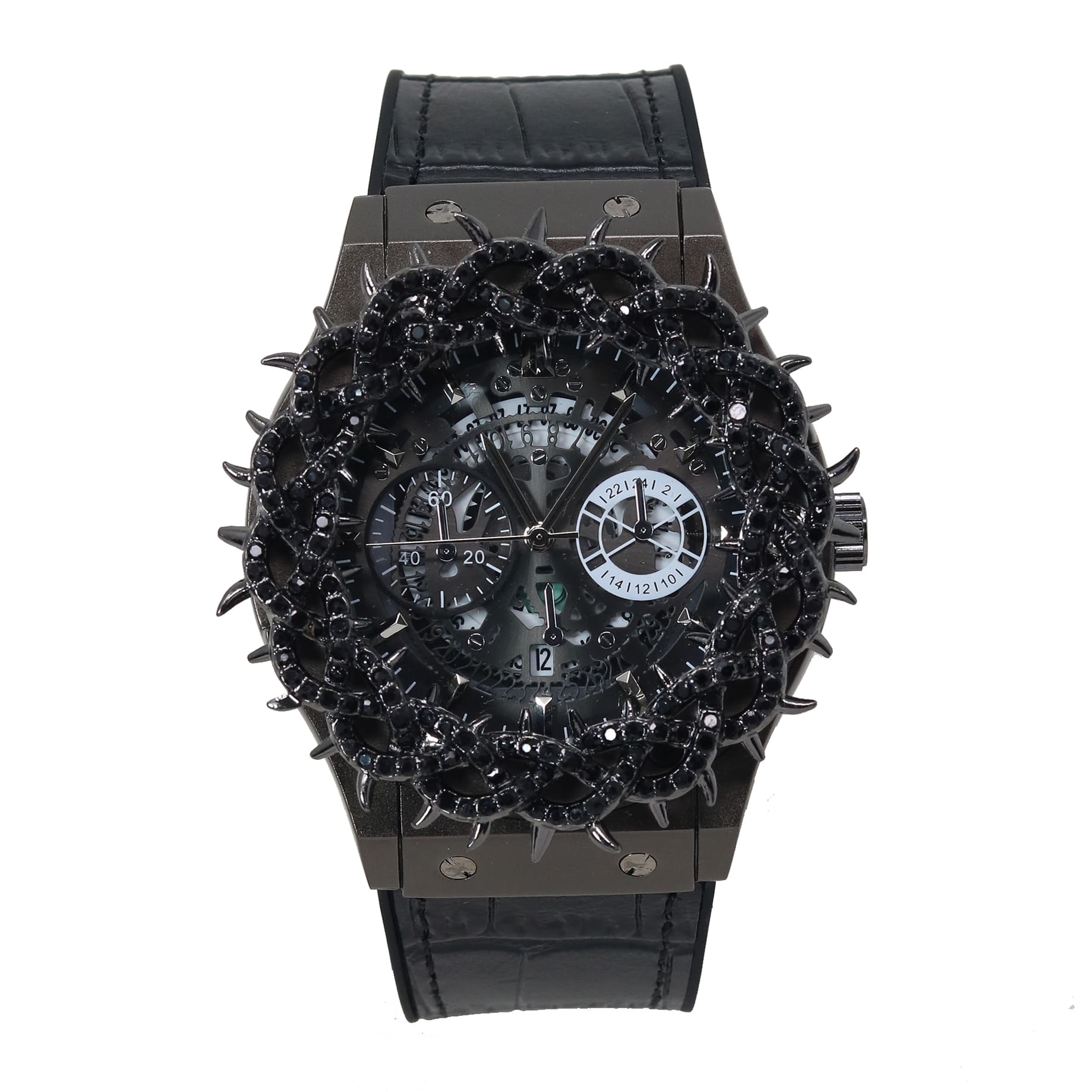 Men's 46mm Iced Out Spike Skeleton Watch - Silicone Band, Quartz Movement