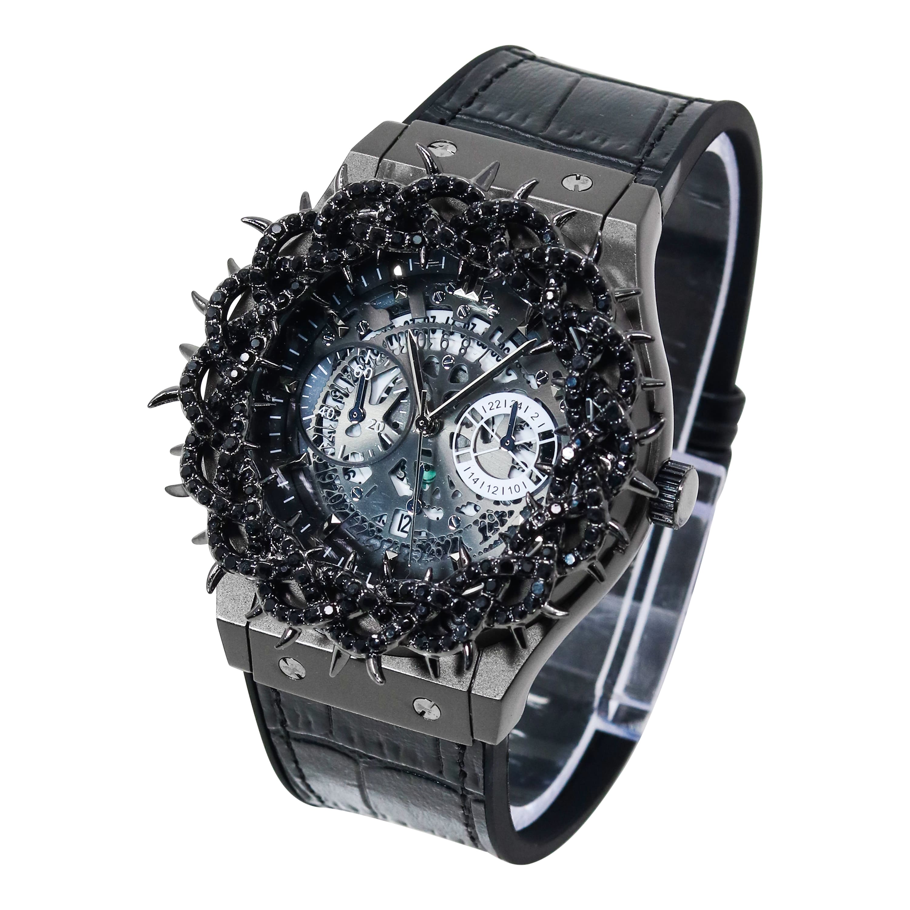 Men's 46mm Iced Out Spike Skeleton Watch - Silicone Band, Quartz Movement