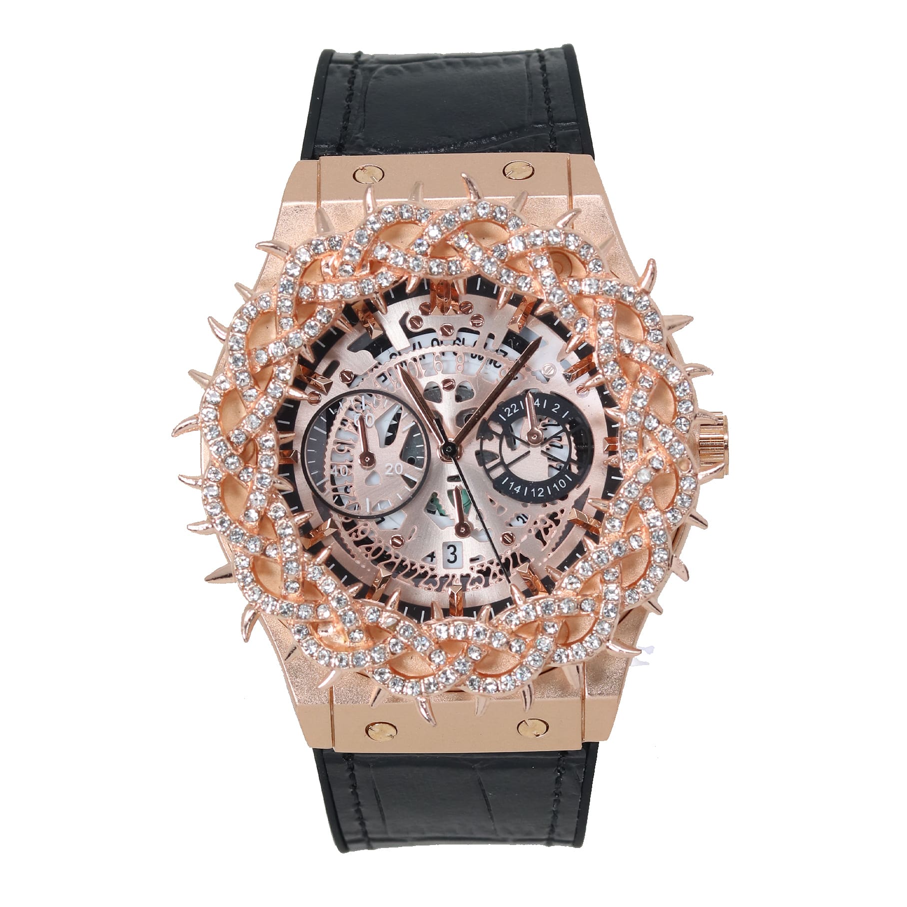 Men's 46mm Iced Out Spike Skeleton Watch - Silicone Band, Quartz Movement