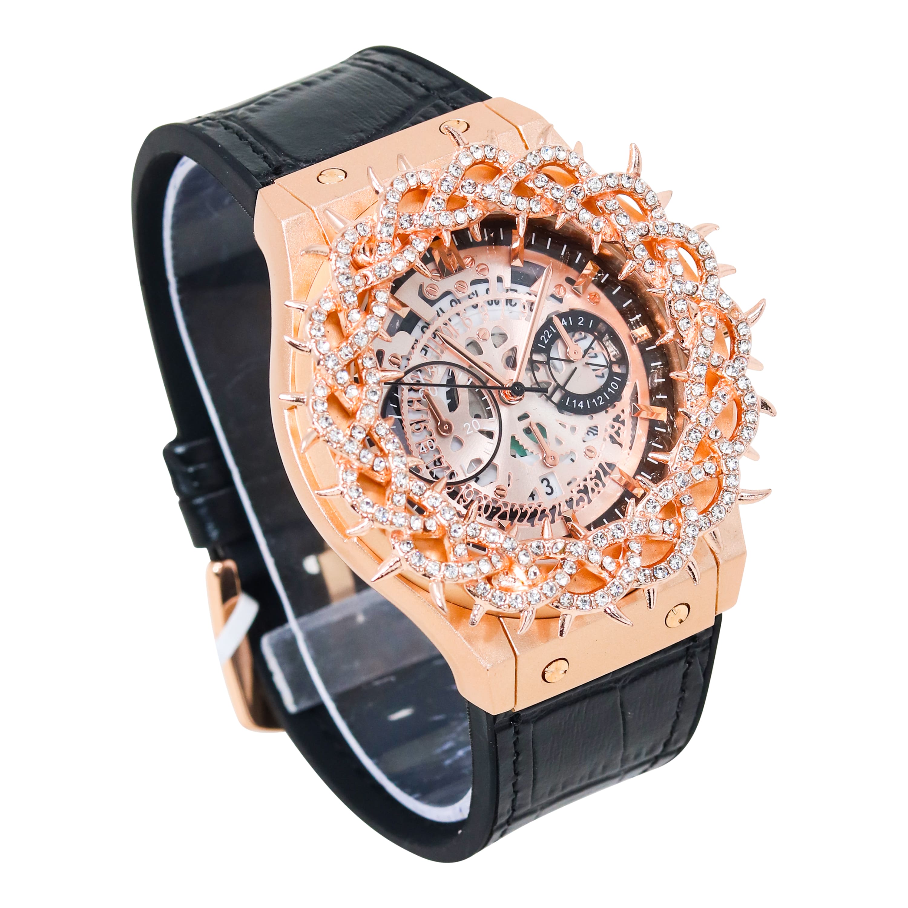 Men's 46mm Iced Out Spike Skeleton Watch - Silicone Band, Quartz Movement