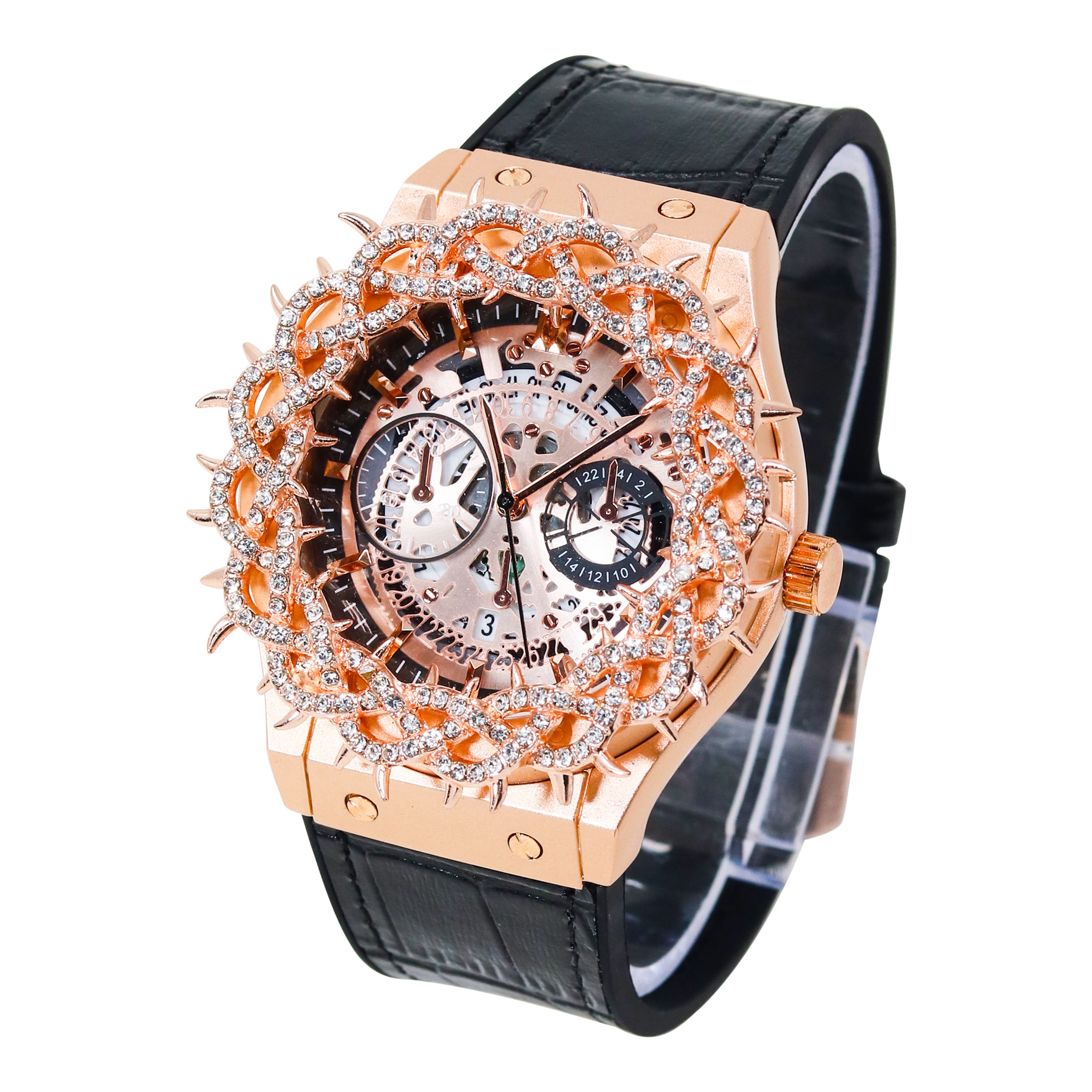 Men's 46mm Iced Out Spike Skeleton Watch - Silicone Band, Quartz Movement