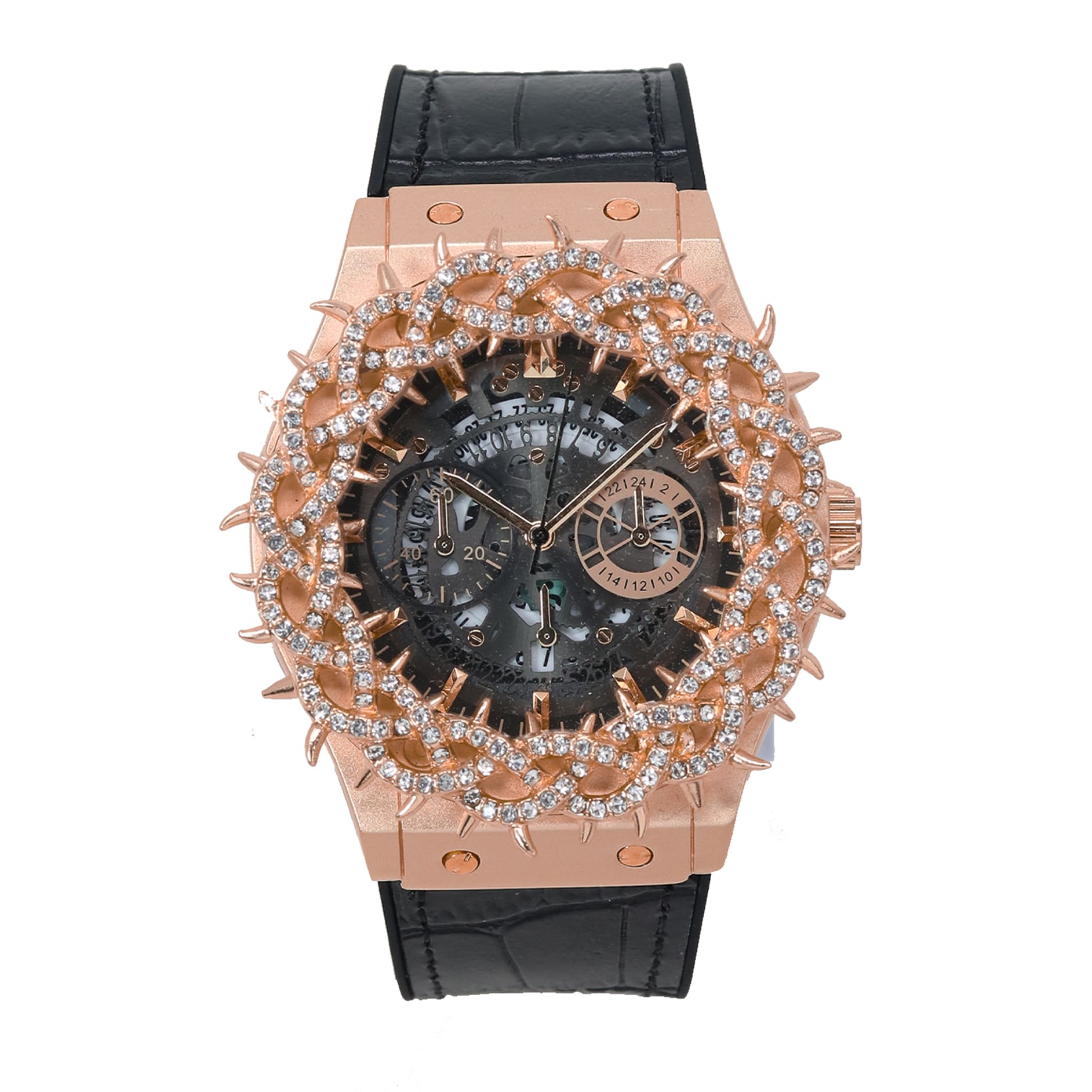 Men's 46mm Iced Out Spike Skeleton Watch - Silicone Band, Quartz Movement