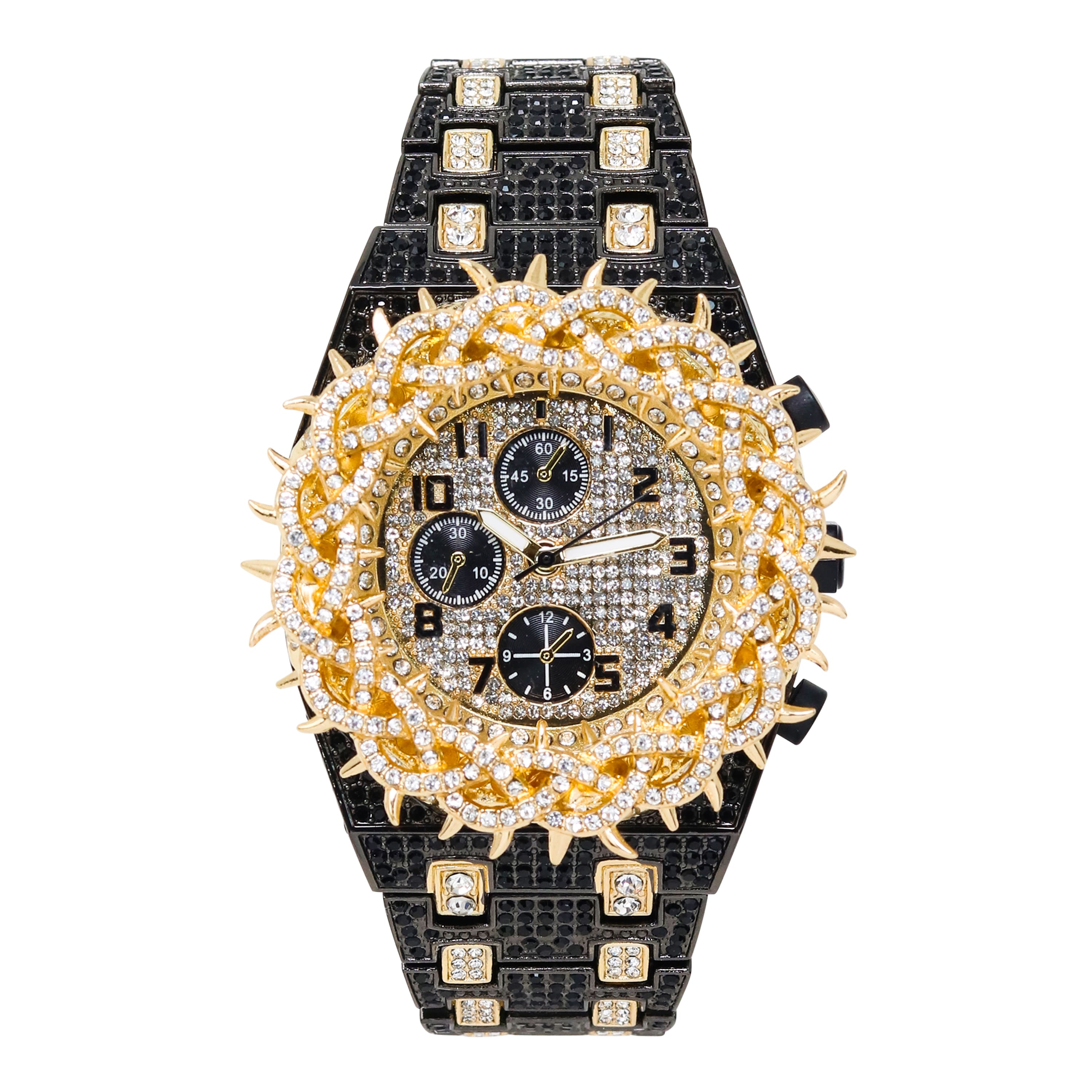 Men's 48mm Fully Iced Out Spike Watch - Metal Band, Quartz Movement