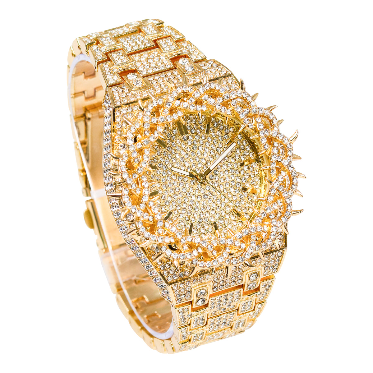 Men’s 48mm Iced Out Thorn Crown Watch - Metal Band, Quartz Movement