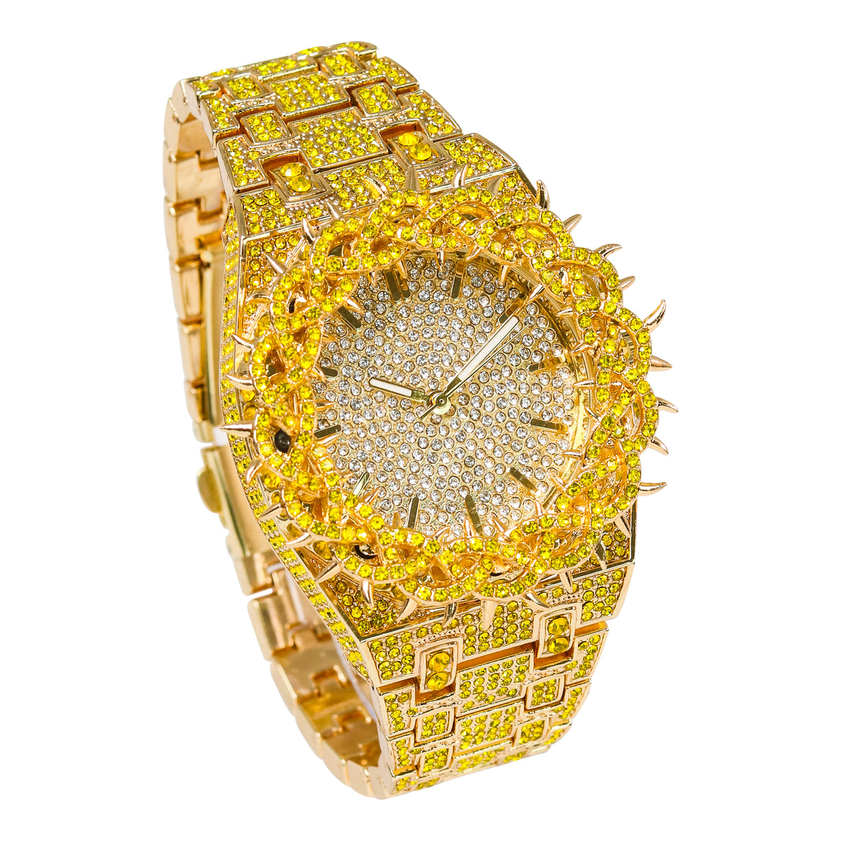 Men’s 48mm Iced Out Thorn Crown Watch - Metal Band, Quartz Movement