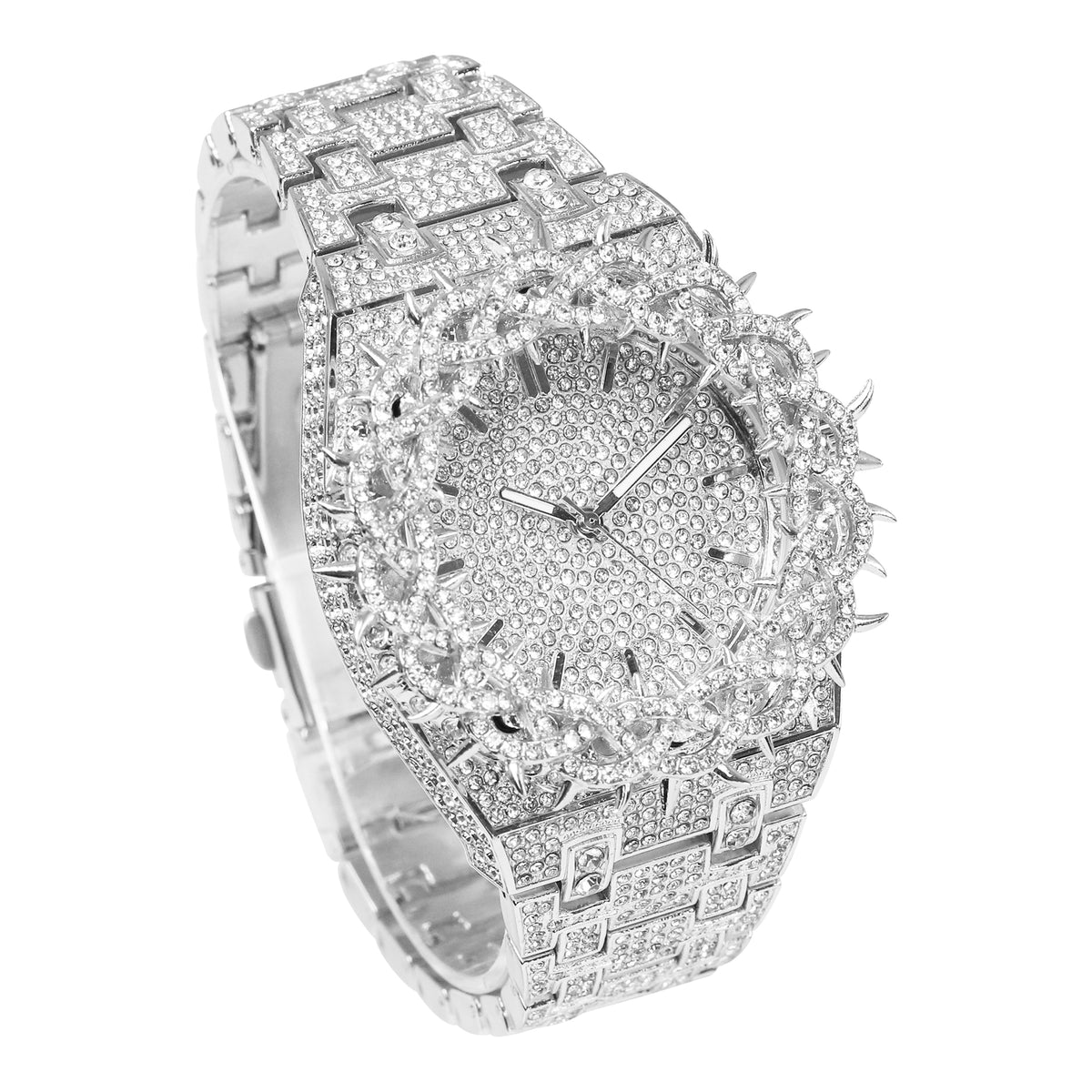 Men’s 48mm Iced Out Thorn Crown Watch - Metal Band, Quartz Movement