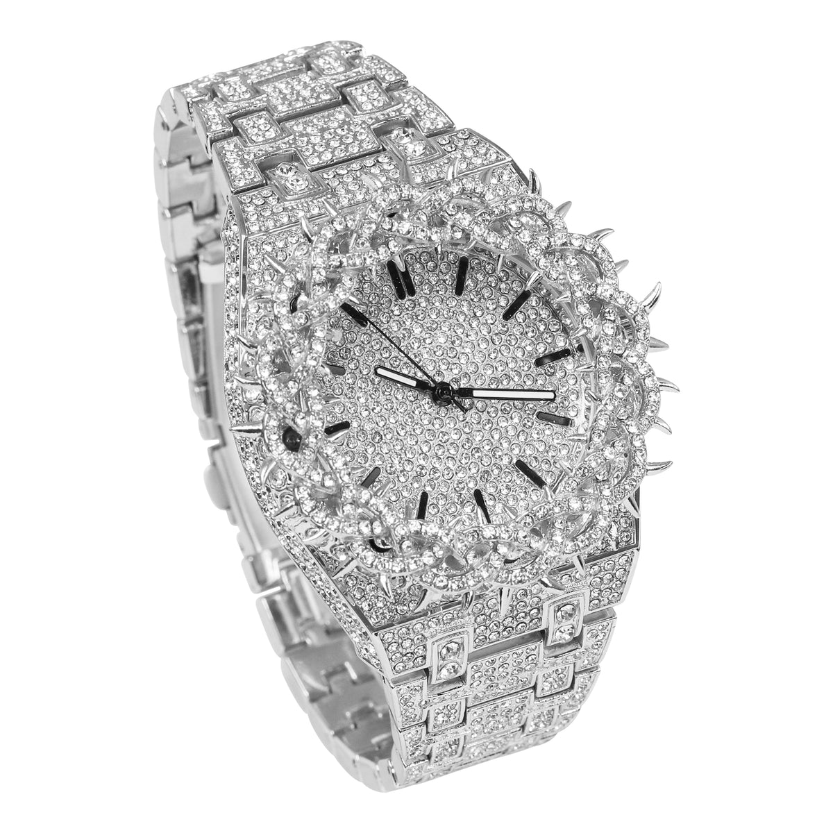 Men’s 48mm Iced Out Thorn Crown Watch - Metal Band, Quartz Movement