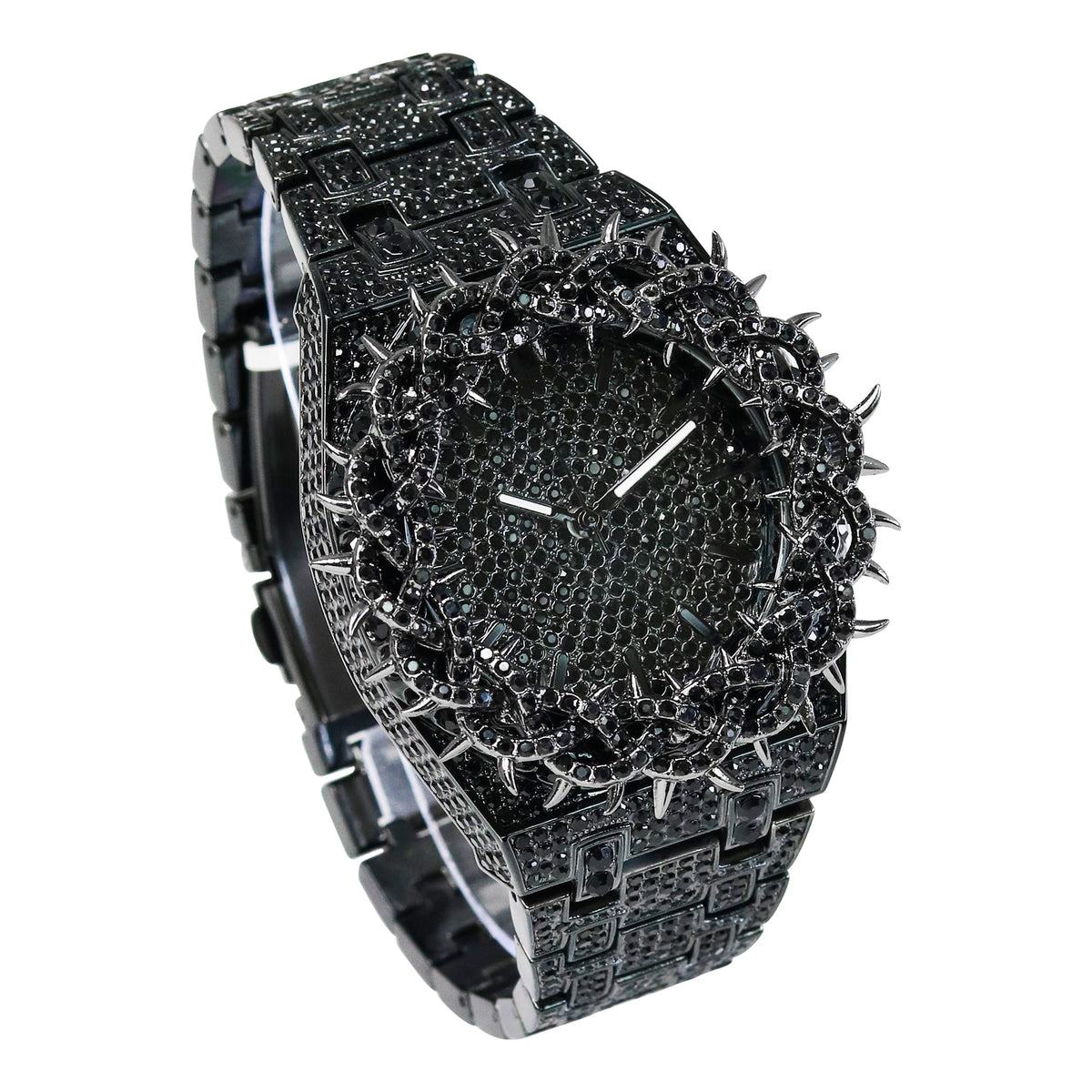 Men’s 48mm Iced Out Thorn Crown Watch - Metal Band, Quartz Movement