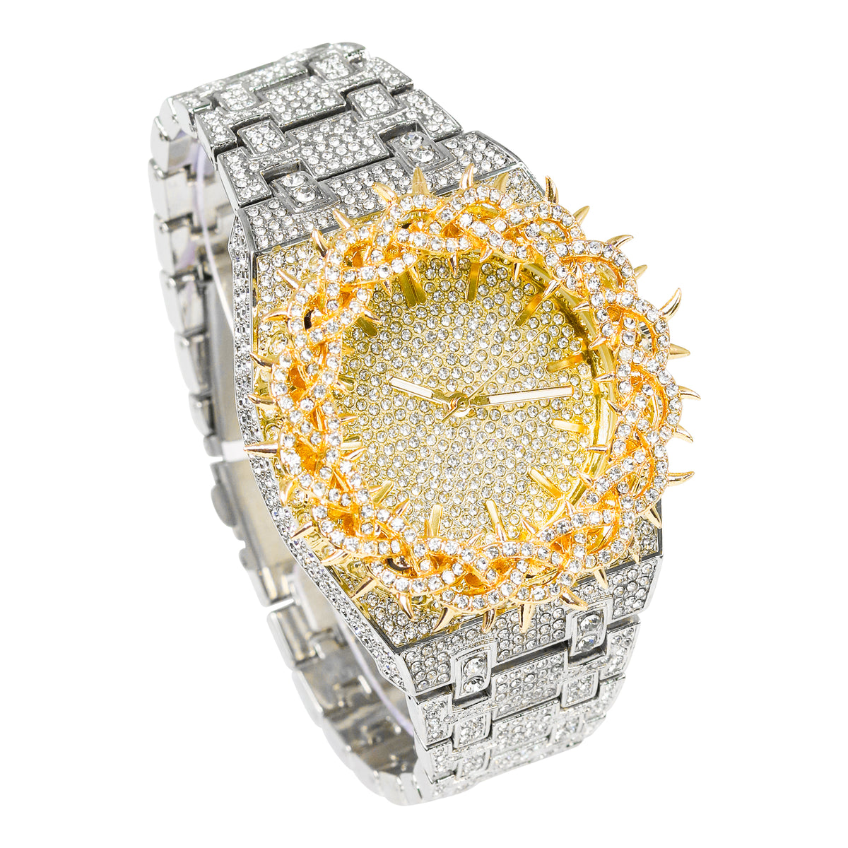 Men’s 48mm Iced Out Thorn Crown Watch - Metal Band, Quartz Movement