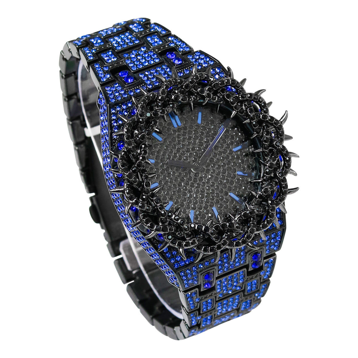 Men’s 48mm Iced Out Thorn Crown Watch - Metal Band, Quartz Movement