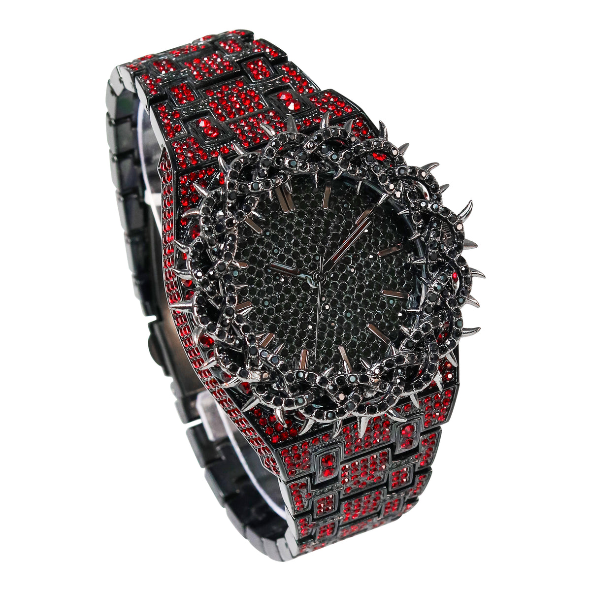 Men’s 48mm Iced Out Thorn Crown Watch - Metal Band, Quartz Movement