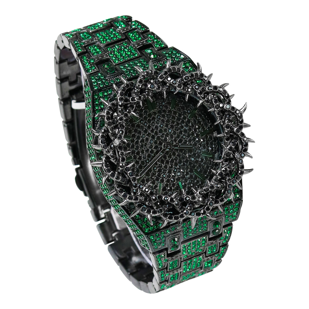 Men’s 48mm Iced Out Thorn Crown Watch - Metal Band, Quartz Movement