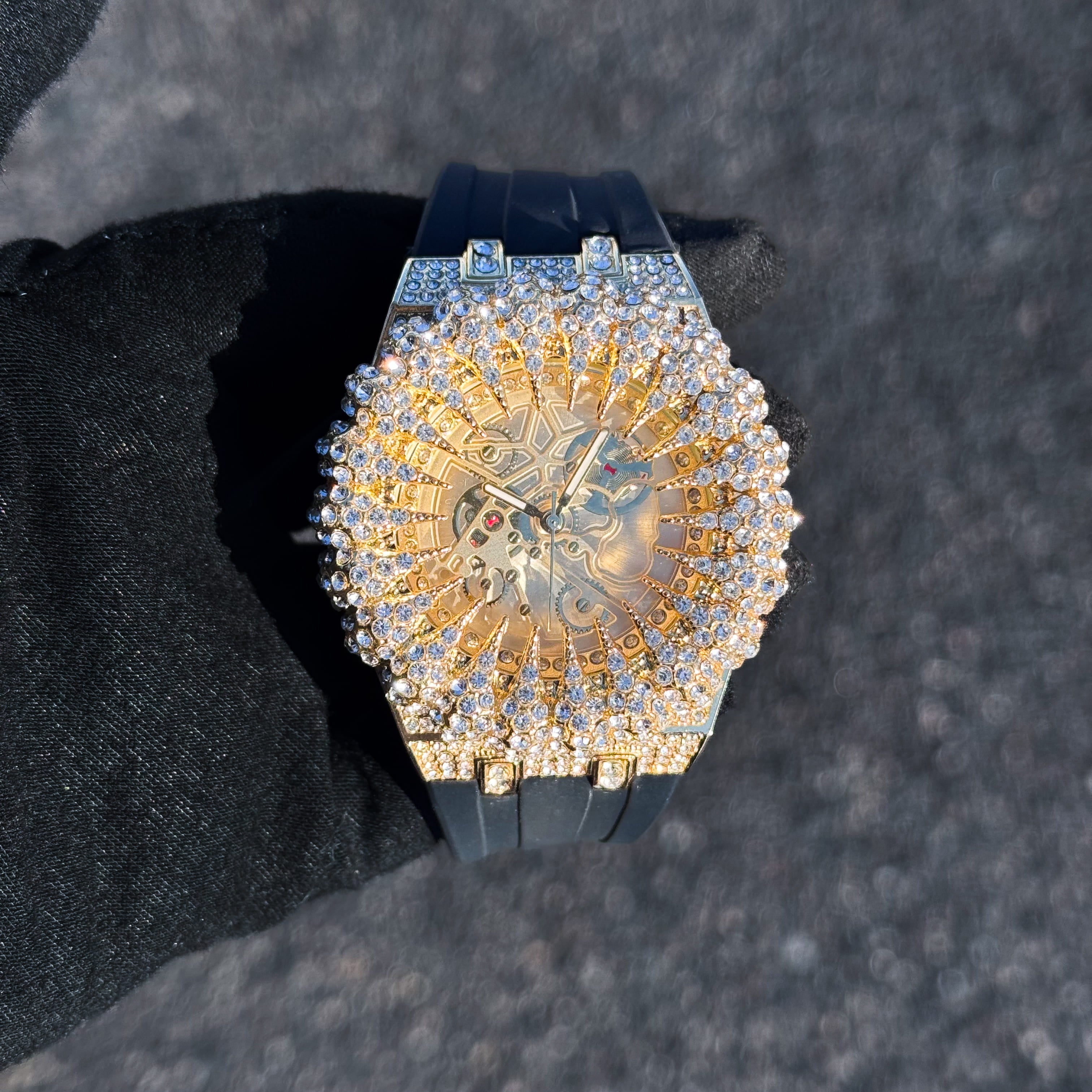 Men's 48mm Spiked Iced Out Watch - Silicone Band, Quartz Movement