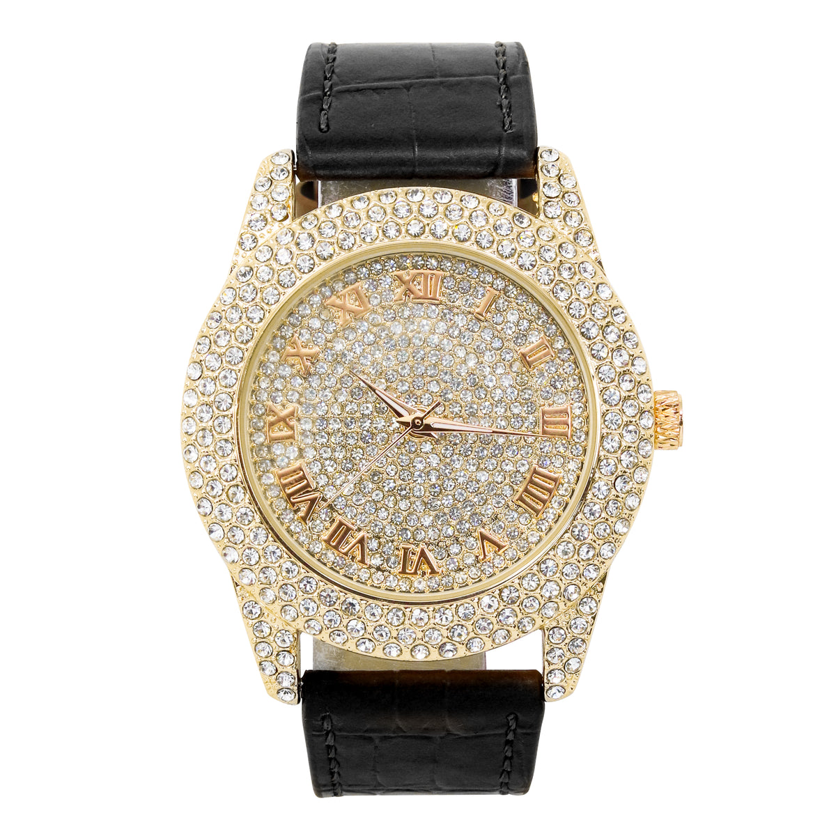 Men’s 50mm Iced Out Roman Dial Watch - Leather Band, Quartz Movement