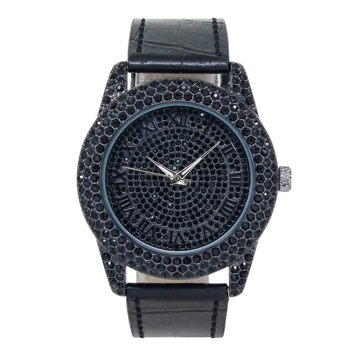 Men’s 50mm Iced Out Roman Dial Watch - Leather Band, Quartz Movement