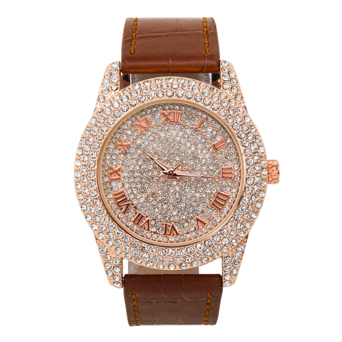 Men’s 50mm Iced Out Roman Dial Watch - Leather Band, Quartz Movement