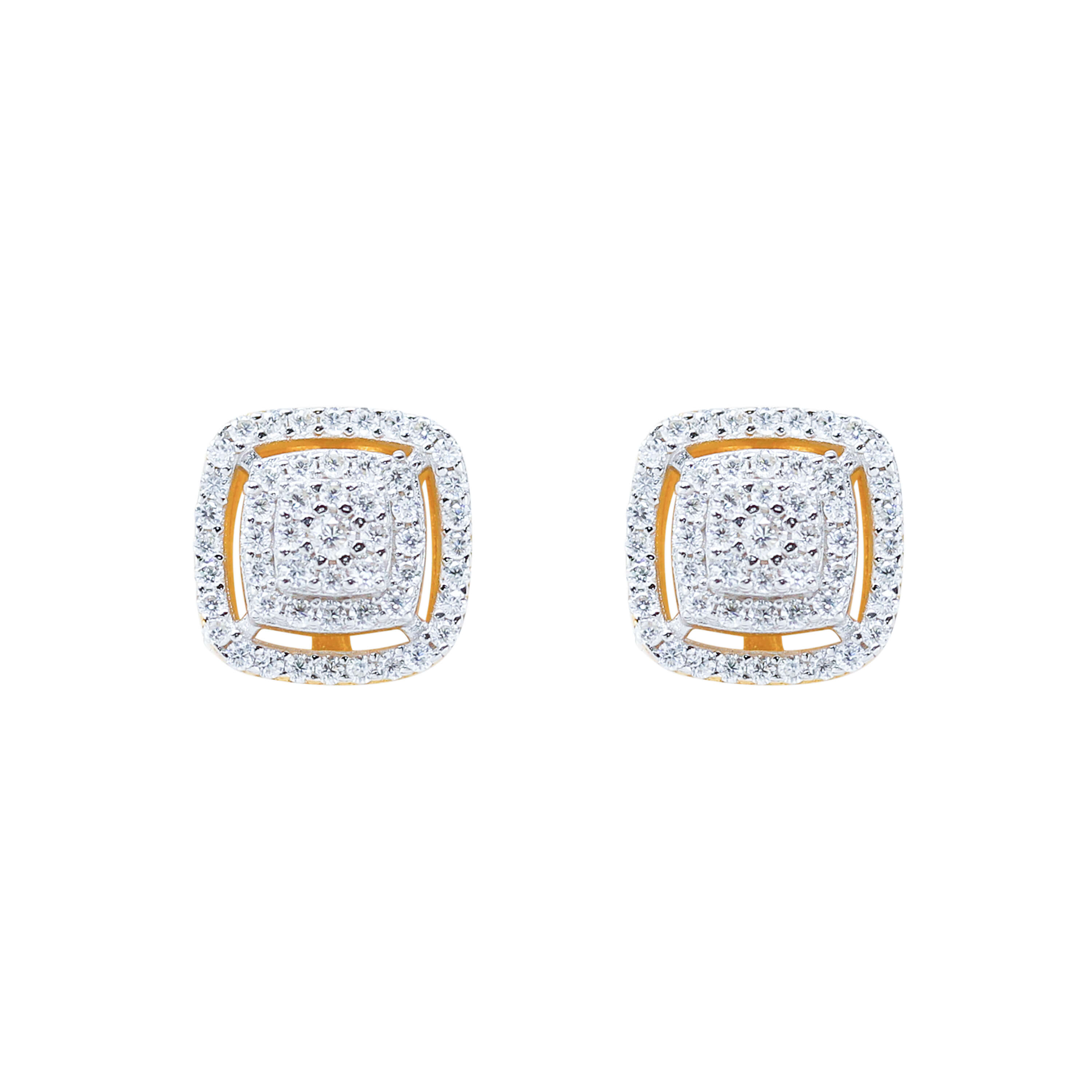 10mm Moissanite cluster earrings with 0.66ct diamond studs in gold, square halo design.