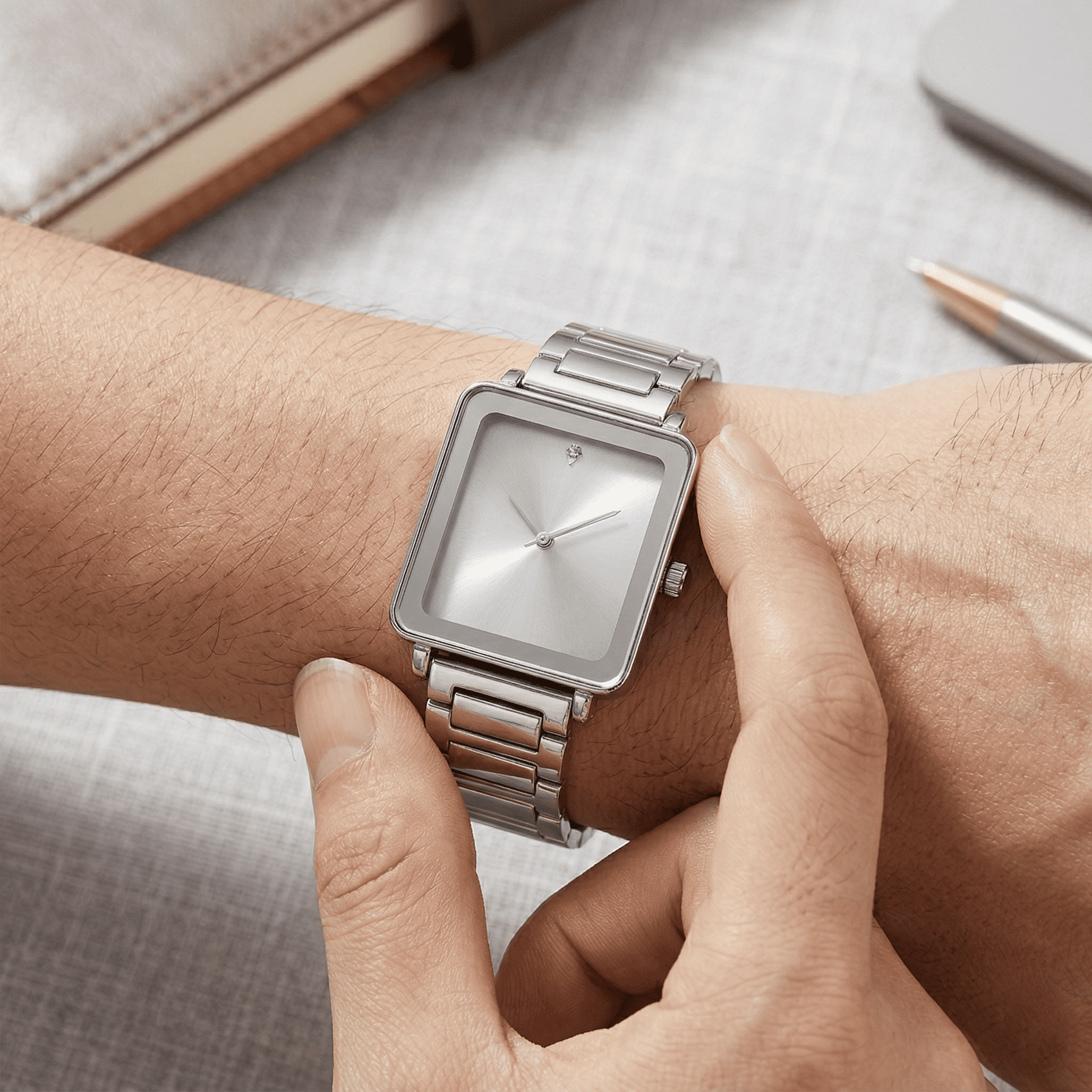 Men’s 33mm Square Dial Watch - Metal Band, Quartz Movement